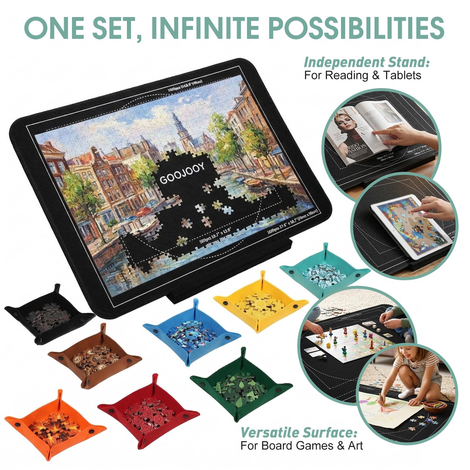 Plateau Puzzle 1000 Pièces avec Support Réglable Breveté à 5 Niveaux (33°, 31°, 28°, 23°, 17°), Planche Puzzles en Feutre avec 8 Trieurs et Couvercle, Antidérapante, Légère, Portable