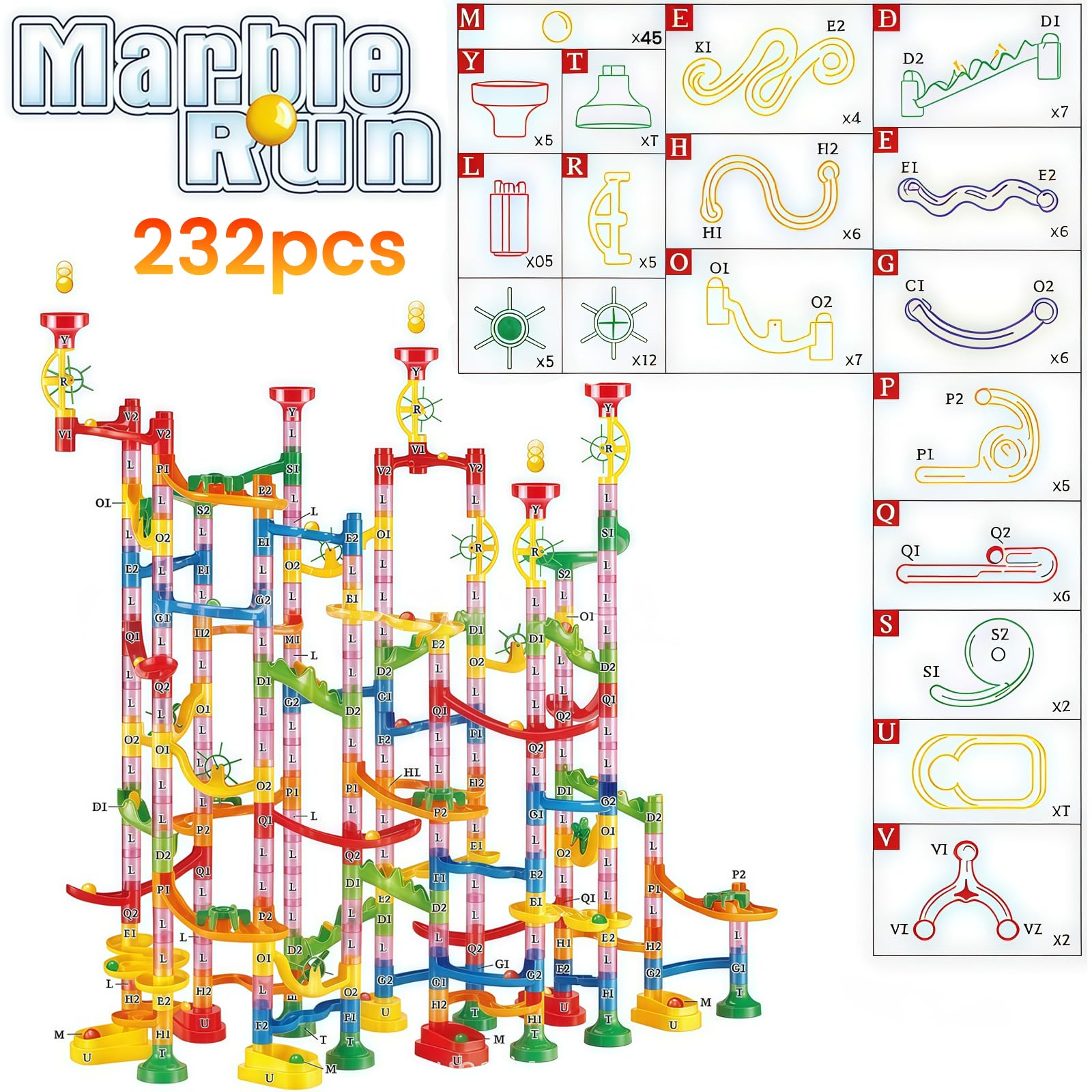 Circuit à billes, 232 pièces, à partir de 3 ans, jouet éducatif STEM, pour garçons et filles, anniversaire, Noël, vacances