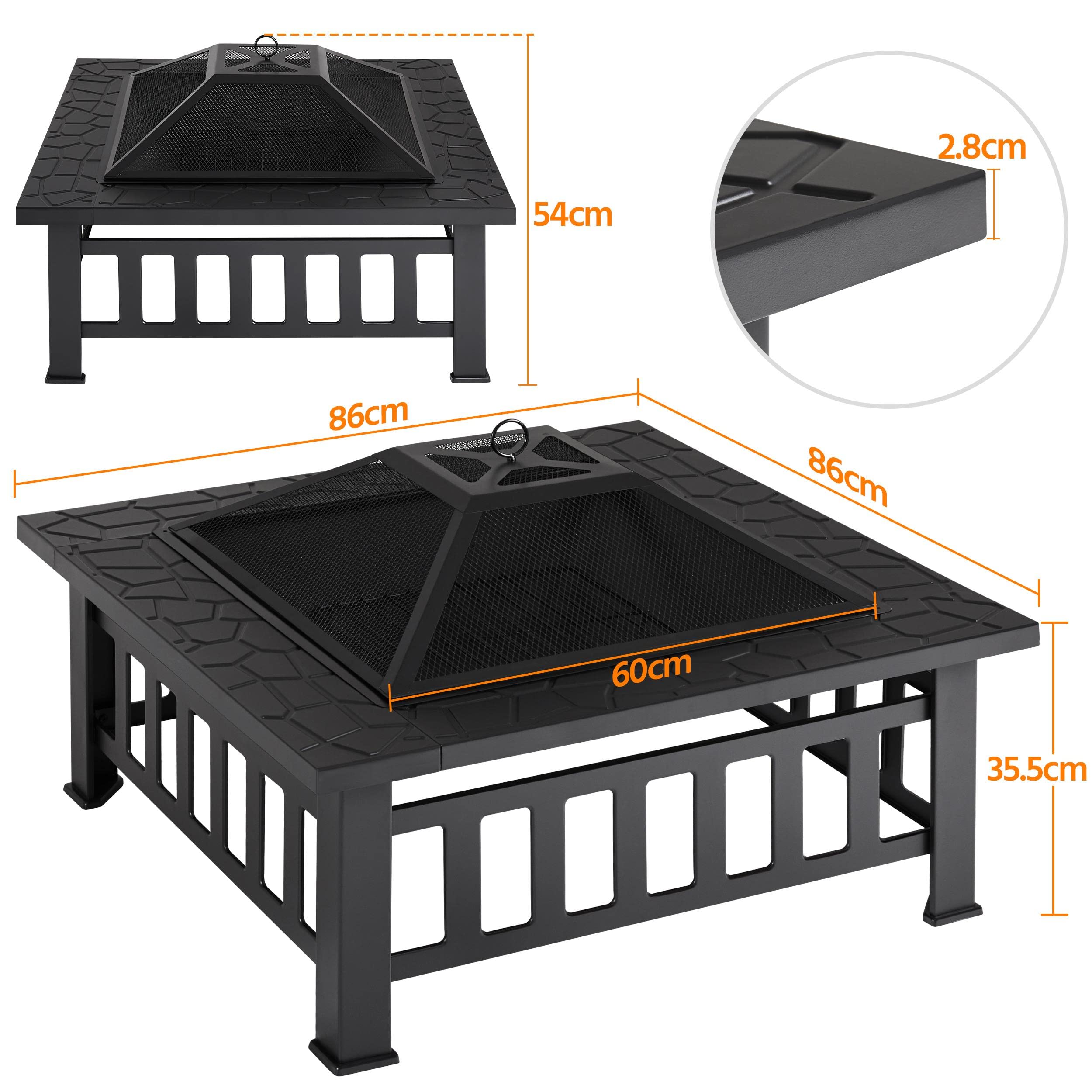 Yaheetech Braciere da Giardino Esterno in Ferro Quadrato 86x86x54 cm Nero