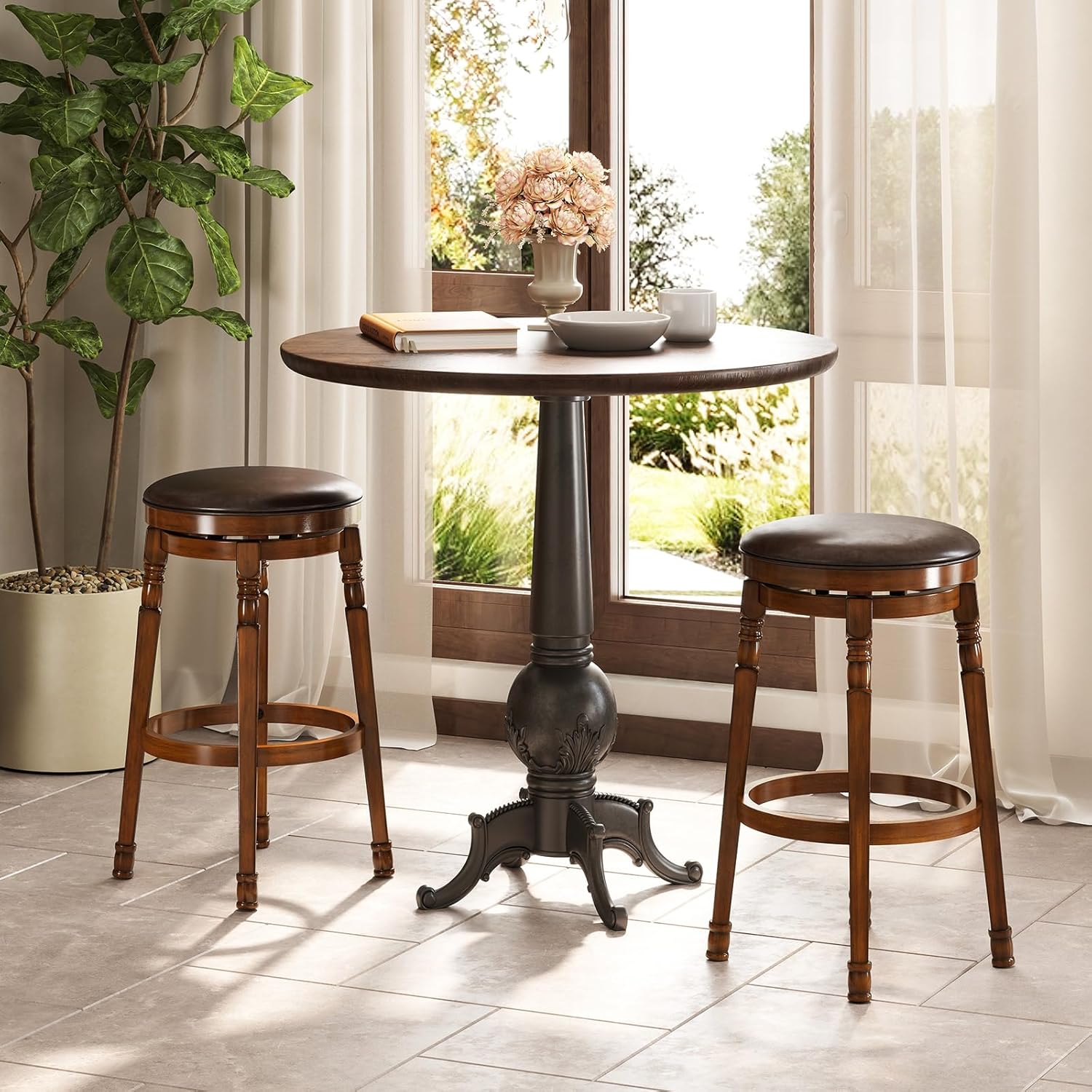 Giantex Swivel Bar Stools Set of 2, 29" Bar Height Bar Stools w/Faux Leather Padded Seat, Footrests, Solid Wooden Frame, Farmhouse Backless Barstools for Kitchen Island, Pub, Dining Room, Cafe