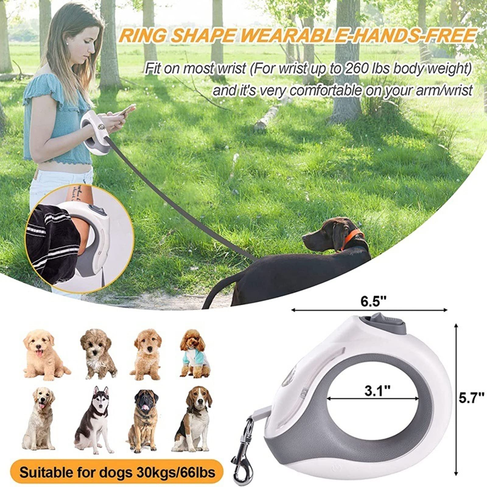 XIANGFAGS Laisse Chien Laisse rétractable for Chien avec lumière LED Lumineuse, Mains libres/360 ° sans enchevêtrement 10 Pieds Laisse de Marche for Chien Corde de Traction en Nylon