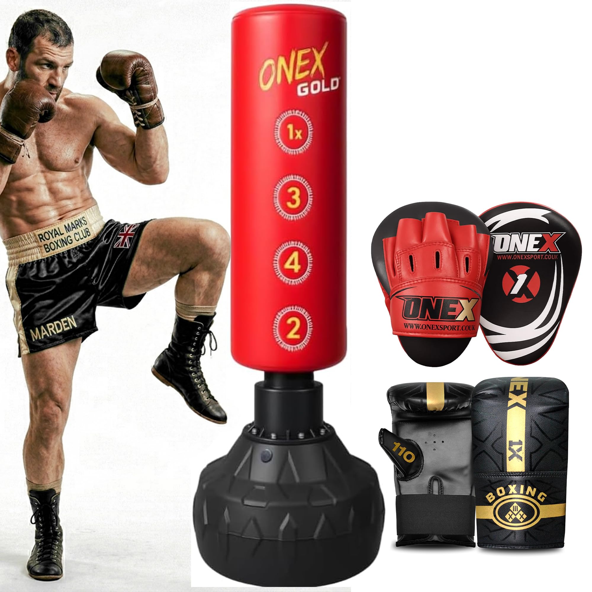 ONEX Punch Bag Set Free Standing Adult - 5ft Filled Heavy Duty Pedestal Stand Boxing Bag sets for Kickboxing MMA Martial Arts karate Gym & Home Fitness Workout