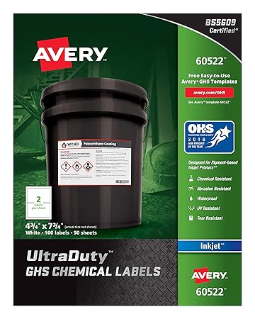 Avery UltraDuty GHS Chemical Labels for Pigment Inkjet Printers, Waterproof, UV Resistant, 4.8