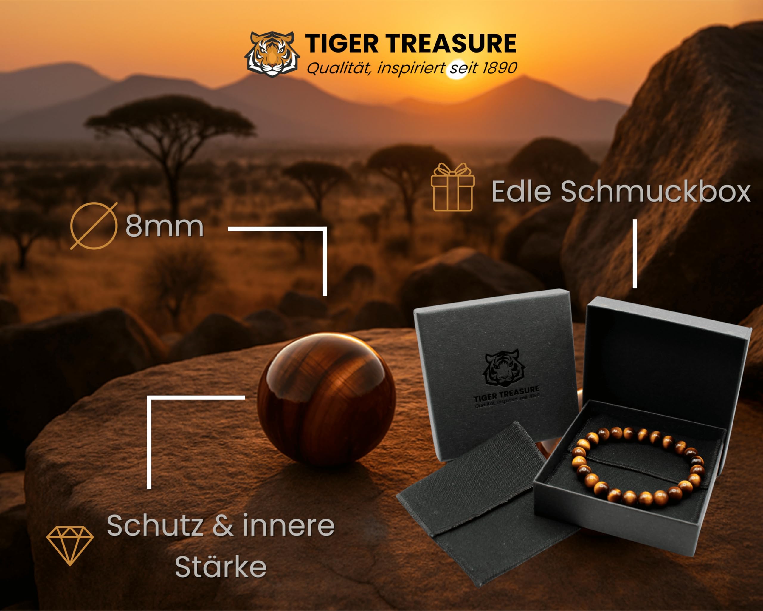 Handgefertigtes Tigerauge-Armband, echte Edelsteinperlen, 19 cm Länge, aus Deutschland, für Schutz und innere Stärke
