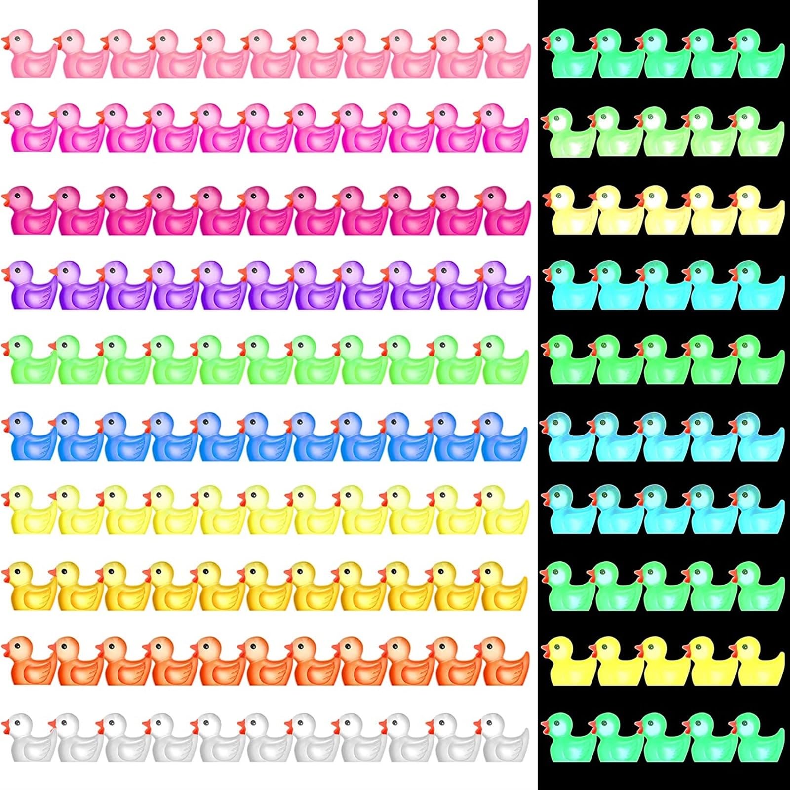 THE WHITE SHOP 100 Pcs Resin Ducks Set Luminous Tiny Ducks Bulk Mini Resin Miniature Duck Figures Glow in The Dark Resin Animals Small Ducks Dollhouse Ornament Accessories for Birthday Party Decoratio