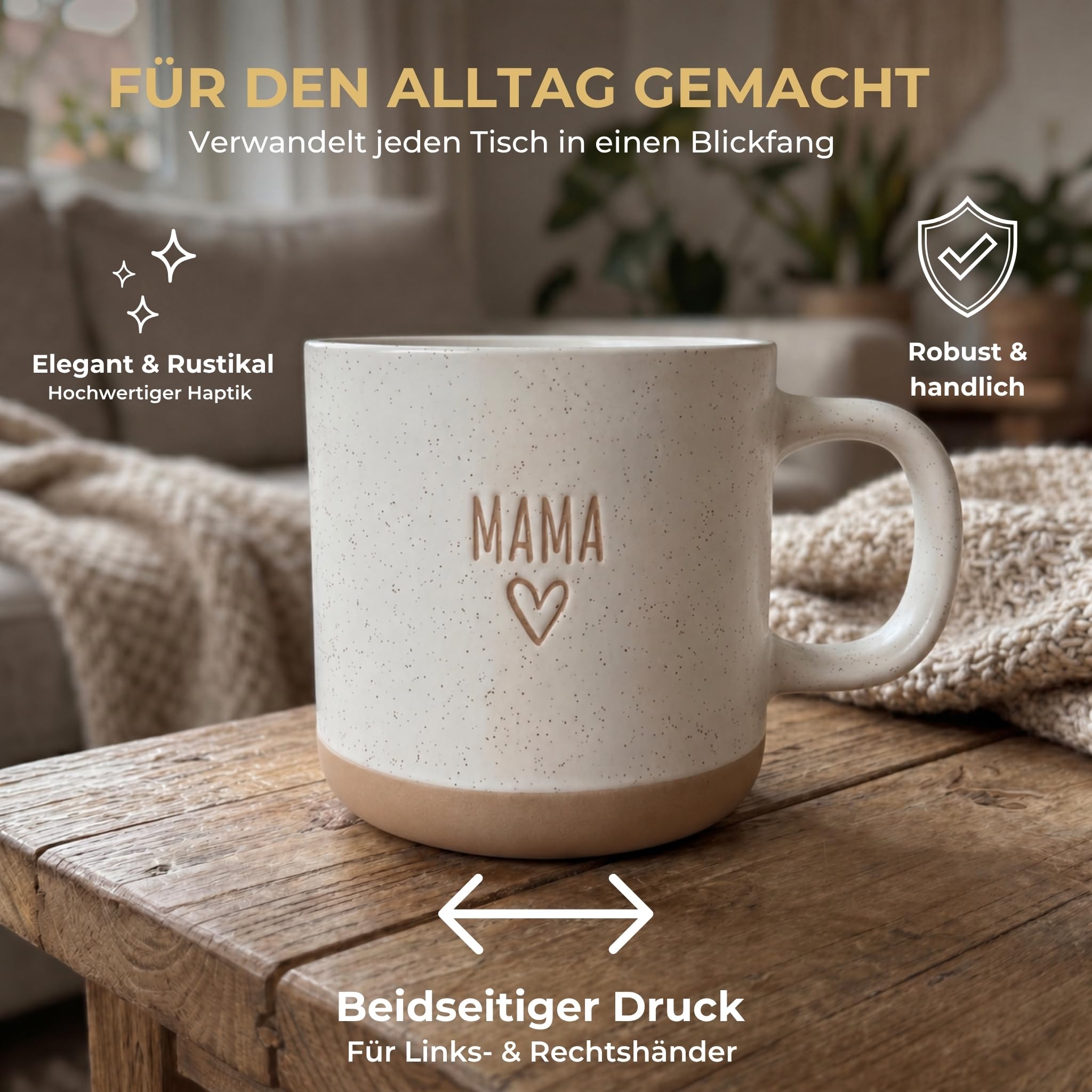 Steingut-Tassen Set MAMA und PAPA – 2x 420 ml – Keramik Kaffeetassen mit Herzmotiv – Beidseitiger Dekor-Druck – Spülmaschinen- & Mikrowellenfest – Geschenk für Mama und Papa