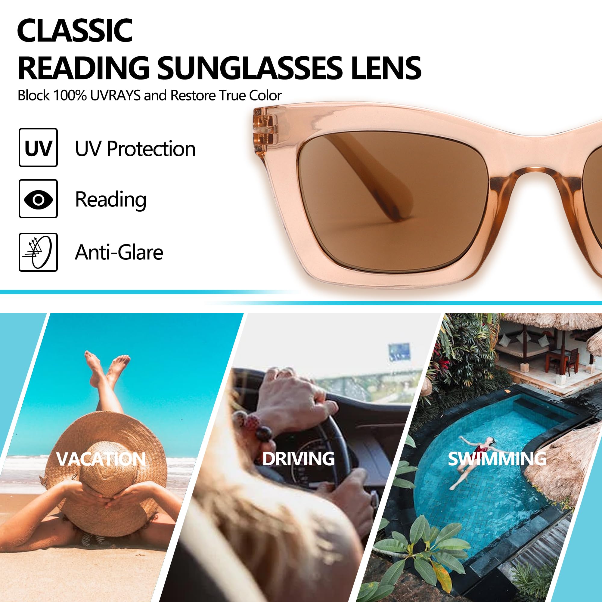Set di 3 paia di occhiali da sole da lettura per donna Stylis UV400 Full Glass esterno cerniera primavera