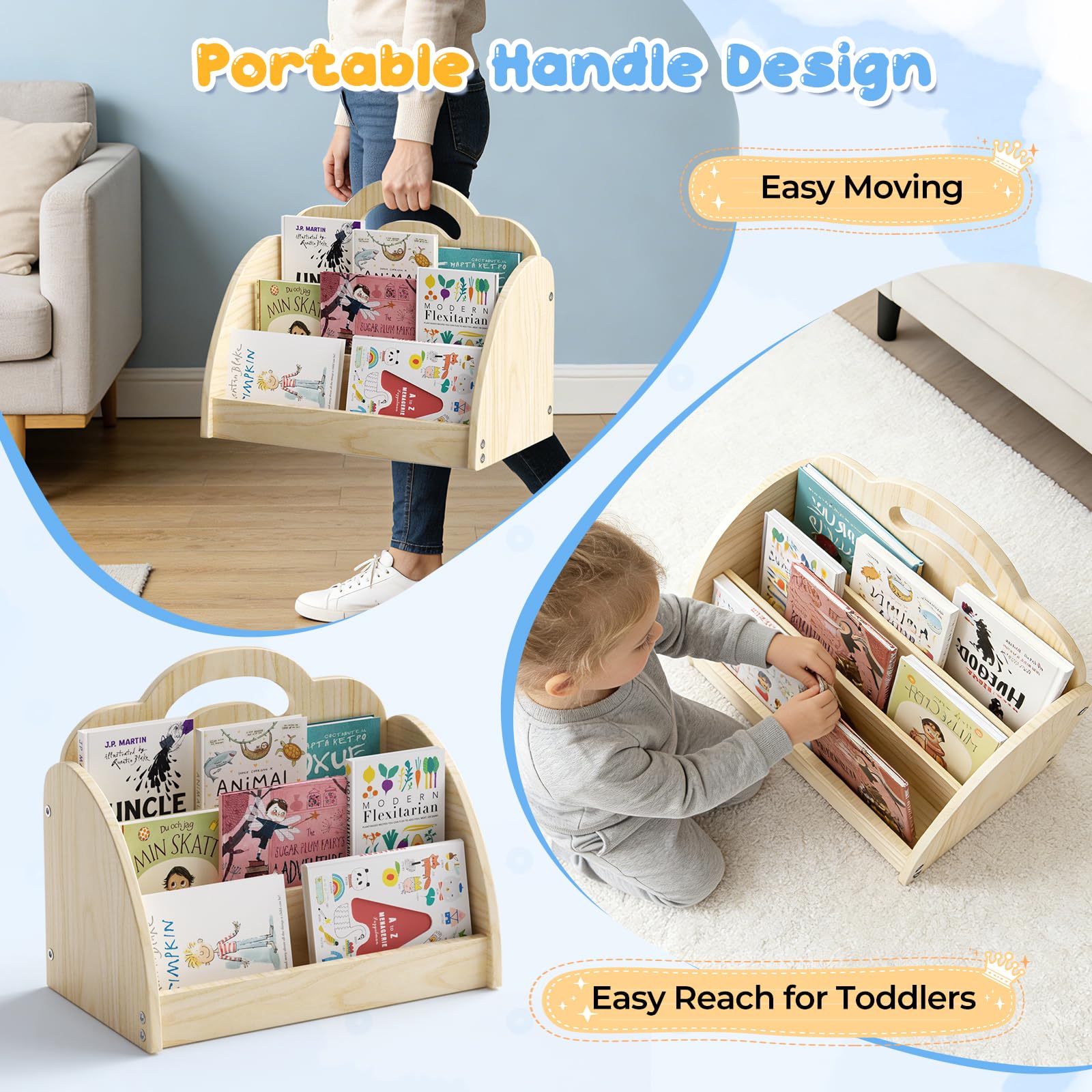 Kinderregal, 3-in-1 Kinderbücherregal und Spielzeugaufbewahrungsregal mit Hängetasche, Tragbares Bücherregal mit Griff, Aufbewahrungsregal aus Holz für Schlafzimmer und Spielzimmer (Abnehmbar)