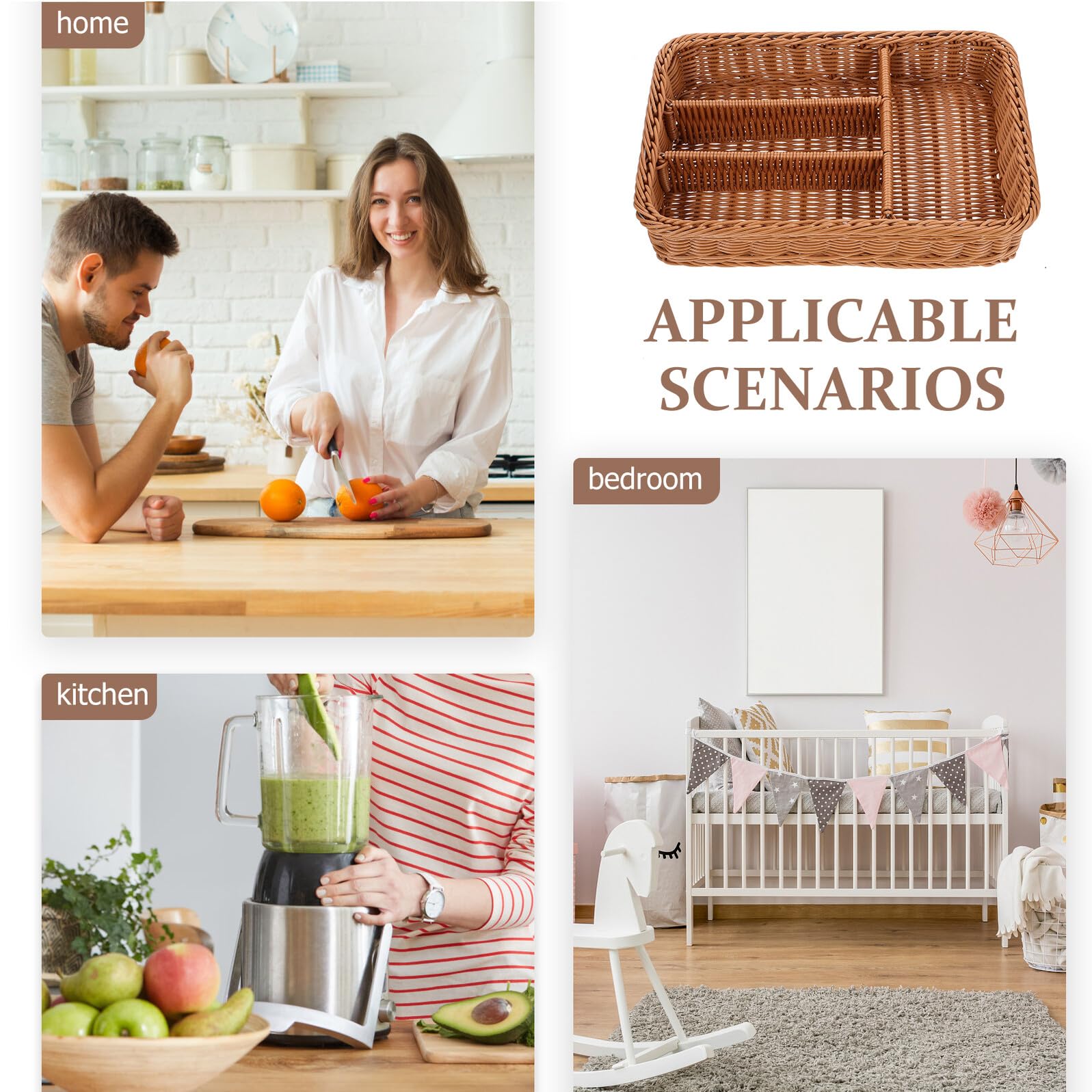 Cesta Organizadora de Cubiertos con Compartimentos Malla Tejida Imitación Ratán Bandeja Resistente y Multiusos para Cocina y Baño