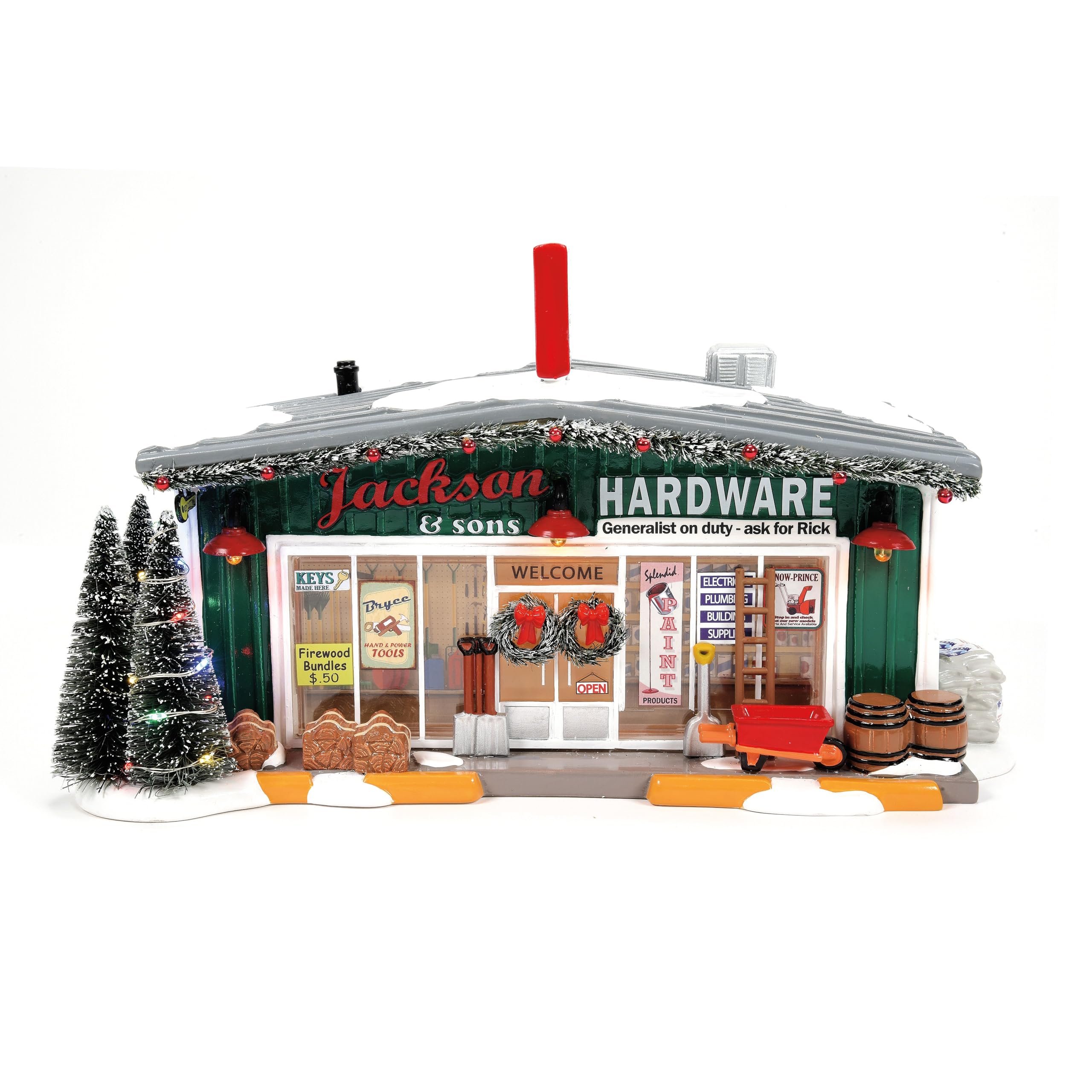 Department 56Snow Village Collection First Edition Jackson and Sons Hardware Store Lit Building- Hand Crafted Ceramic Traditional Christmas Village Houses with Lights Home Decor Buildings, 6.46 Inch