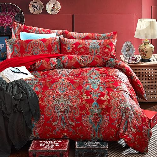 mixinni - Juego de edredón de estampado de cachemira roja tamaño matrimonial, estilo shabby chic, para todas las estaciones, 3 piezas, 1 edredón