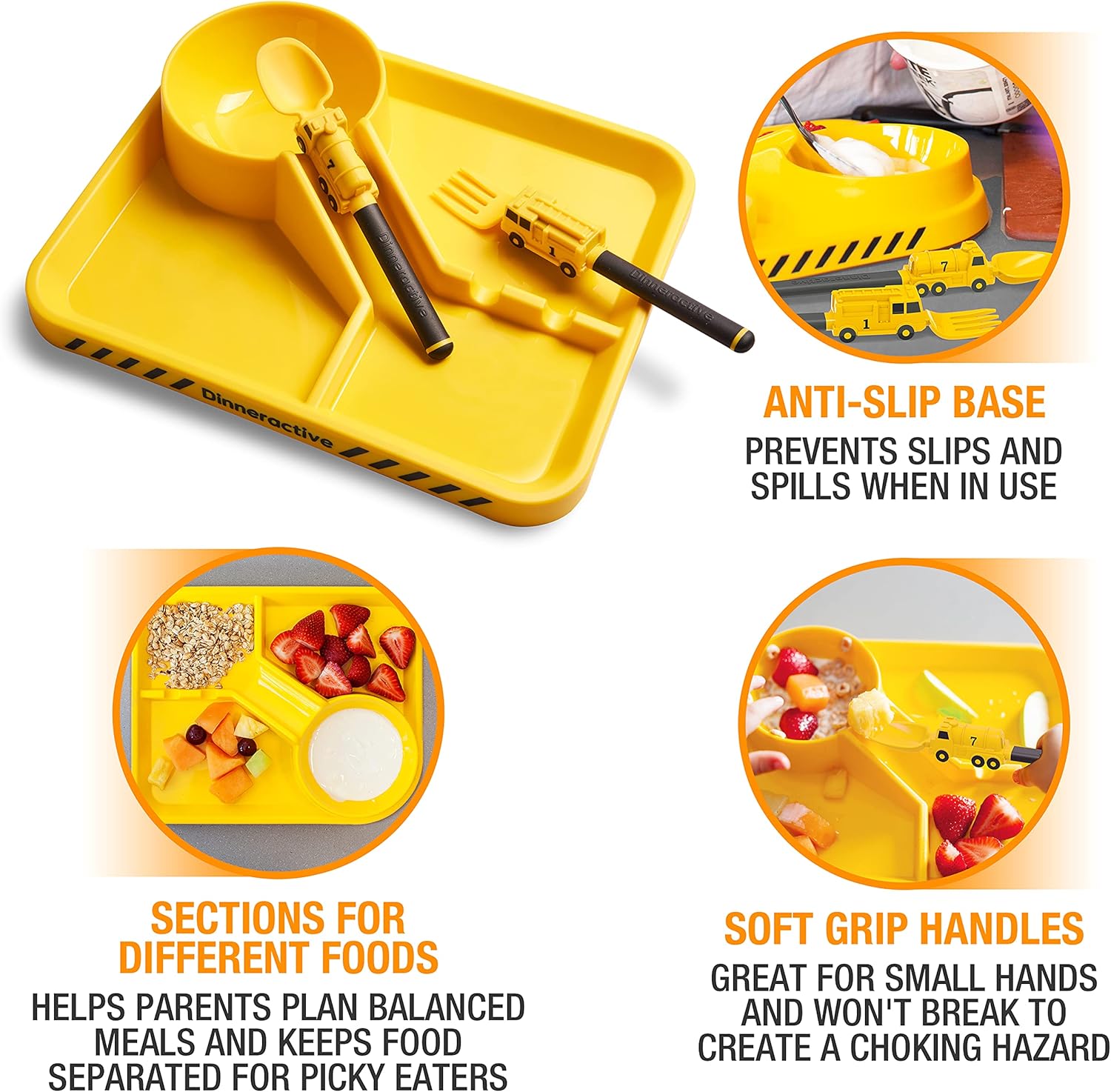 Dinneractive Dining Set For Kids - 3PC Yellow Firefighter Dinnerware - Fire Truck Utensils - Toddler Plates - Baby Dishes