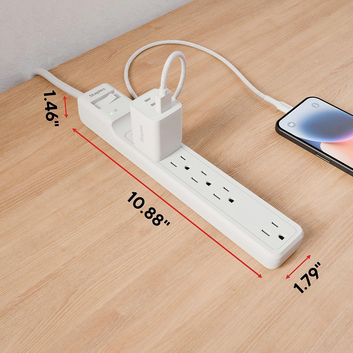 Staples TECH 6‑Outlet Surge Protector with 10 ft. Cord with Flat Offset Plug – Ideal for Home & Office, 1800 Joules, White