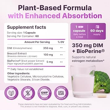 DIM for Women 350mg High Potency with BioPerine & Broccoli Extract 455mg Total Complex for Hormone Balance, Estrogen Metabolism, PMS & Menopause Support, Clear Skin & Womens Wellness, 60 Capsules