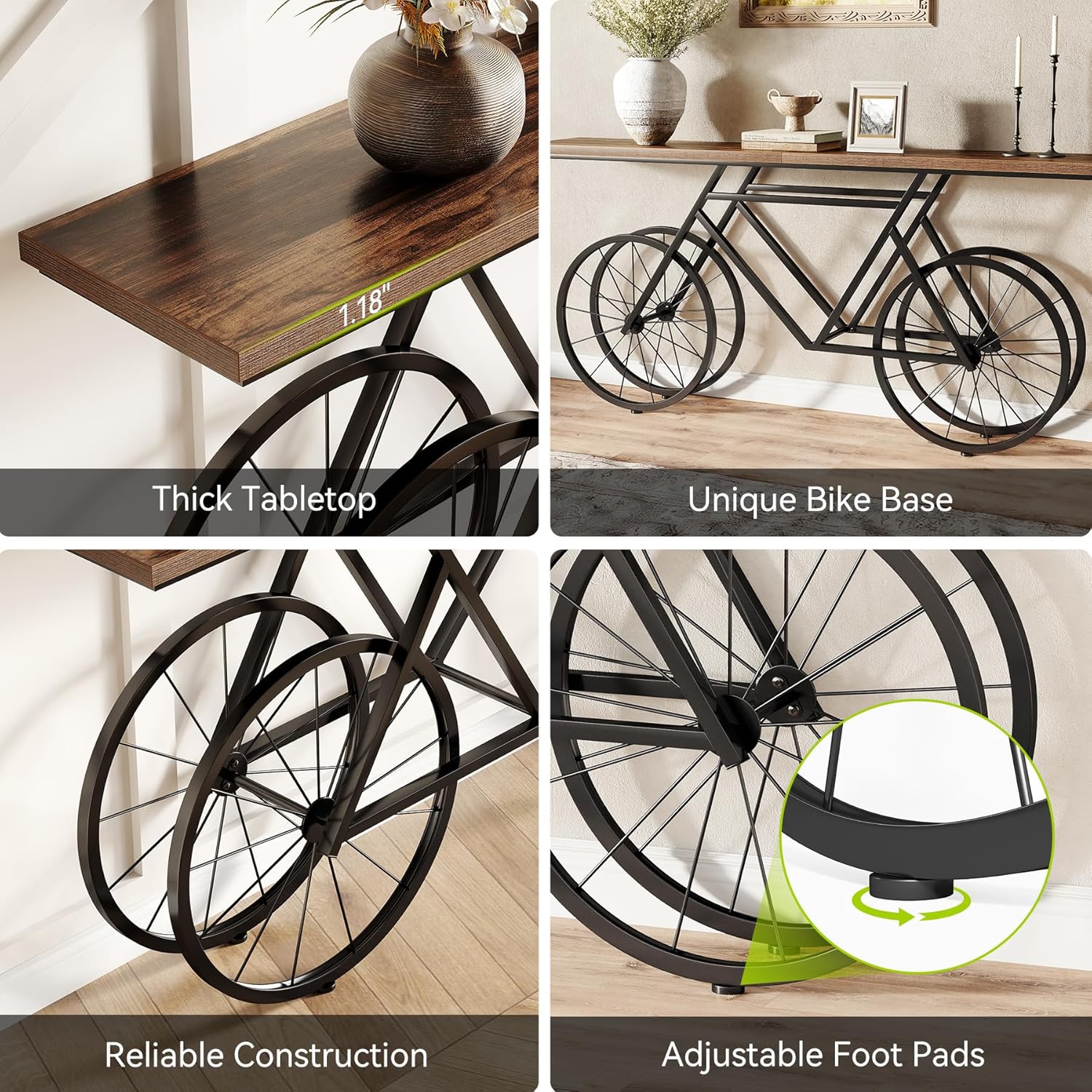 LITTLE TREE Narrow Sofa Table, 70.9-Inch Extra Long Console Table for Living Room, Entryway, with Unique Bicycle Metal Base. Rustic Brown