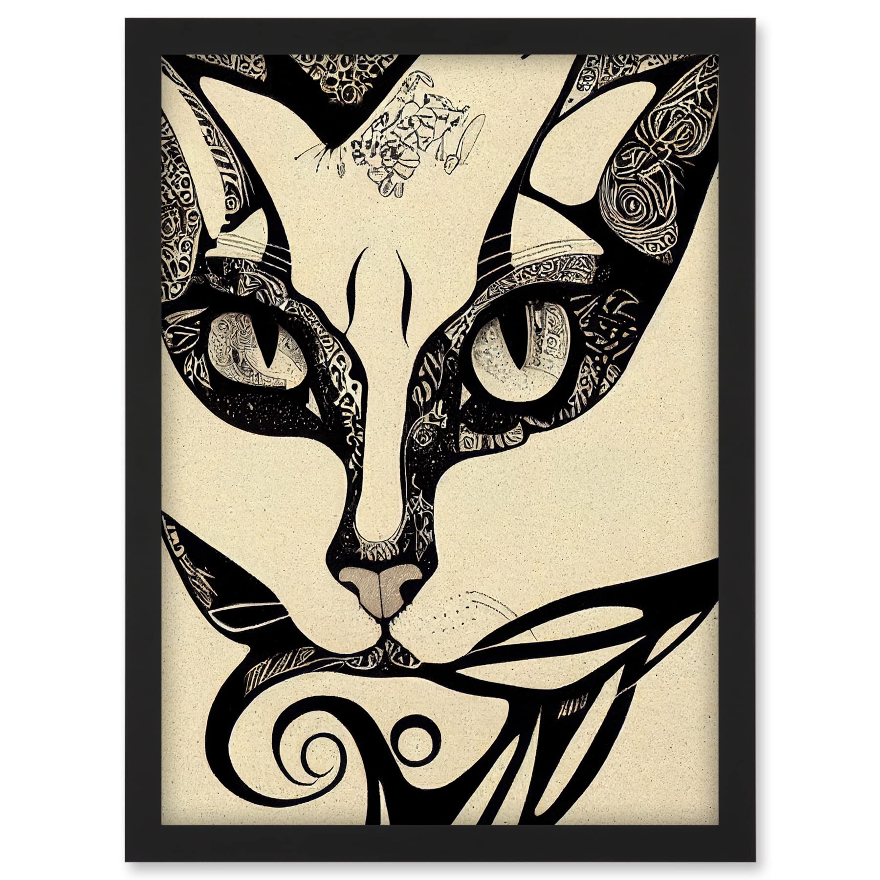 Doppelganger33 LTD Abstract Boho Portrait Cat Sketch Cat Tribal Intricate Artwork Framed A3 Wall Art Print