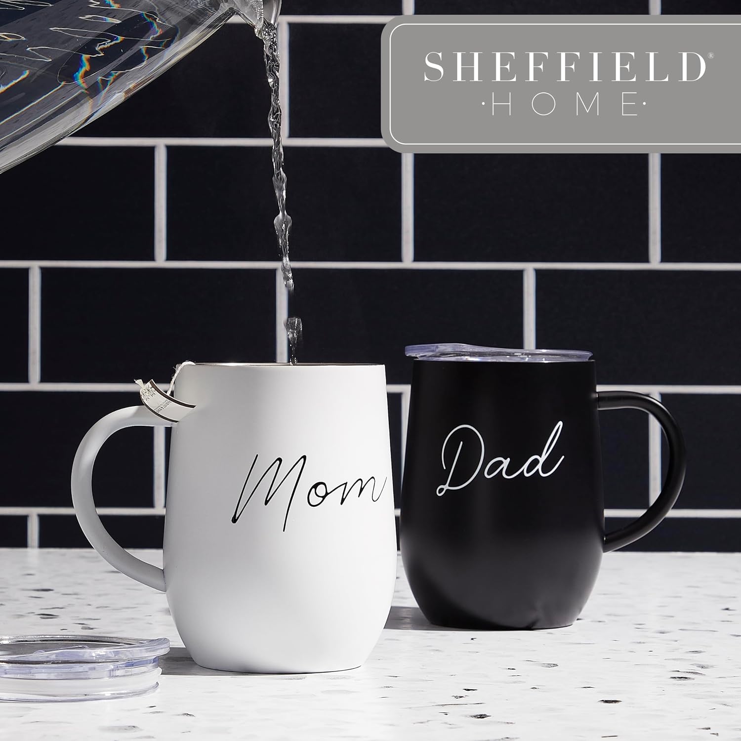 Sheffield Home Stainless Steel Insulated Coffee Mug with Travel Lid | 12 oz | Black & White | Pregnancy Gift | Gift Set for New Parents | Est 2025 | Engraved Mom and Dad | For Expecting Parents