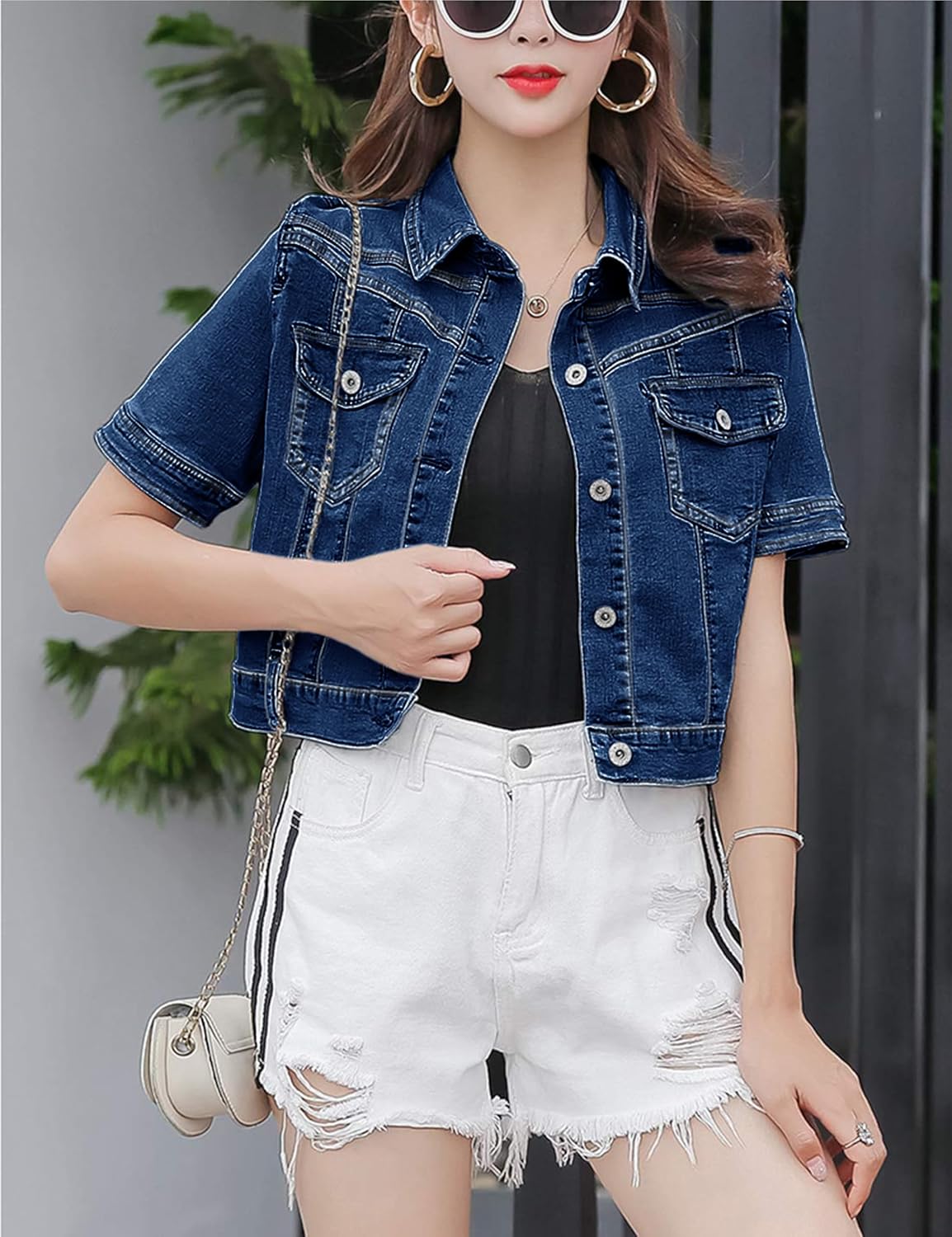 Omoone Women's Summer Short Sleeve Crop Denim Trucker Jacket Jean Coat Tops - Image 3