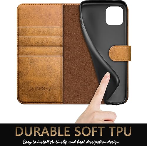 Miniatura 6 de Funda tipo cartera de piel auténtica para iPhone 11 Pro con bloqueo RFID, 4 tarjeteros de crédito. Cuero auténtico. Funda protectora para teléfono