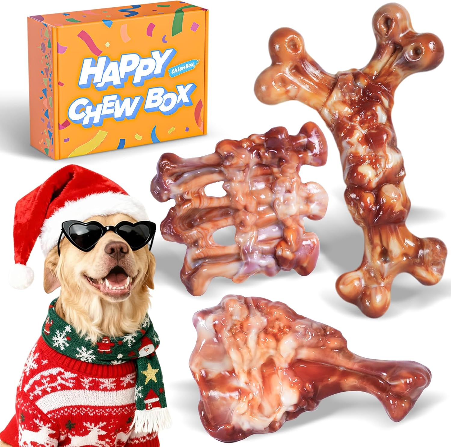 Dog Toys for Aggressive Chewers: Gift Box with 3 Pack Dog Chew Toys, Indestructible Tough Dog Toys to Keep Them Busy, Dog Teething Bones for Small Medium Large Breeds 25-90 lbs, Bacon Flavor