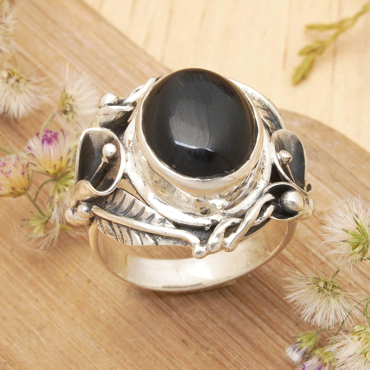 NOVICA Artisan Handmade Onyx Flower Ring Women's Floral Sterling Silver Cocktail Black Indonesia Birthstone [crownbezel 0.7 in H x 0.3 in W x 0.3 in D Band Width 0.1 in W] ' Nest of Lilies'