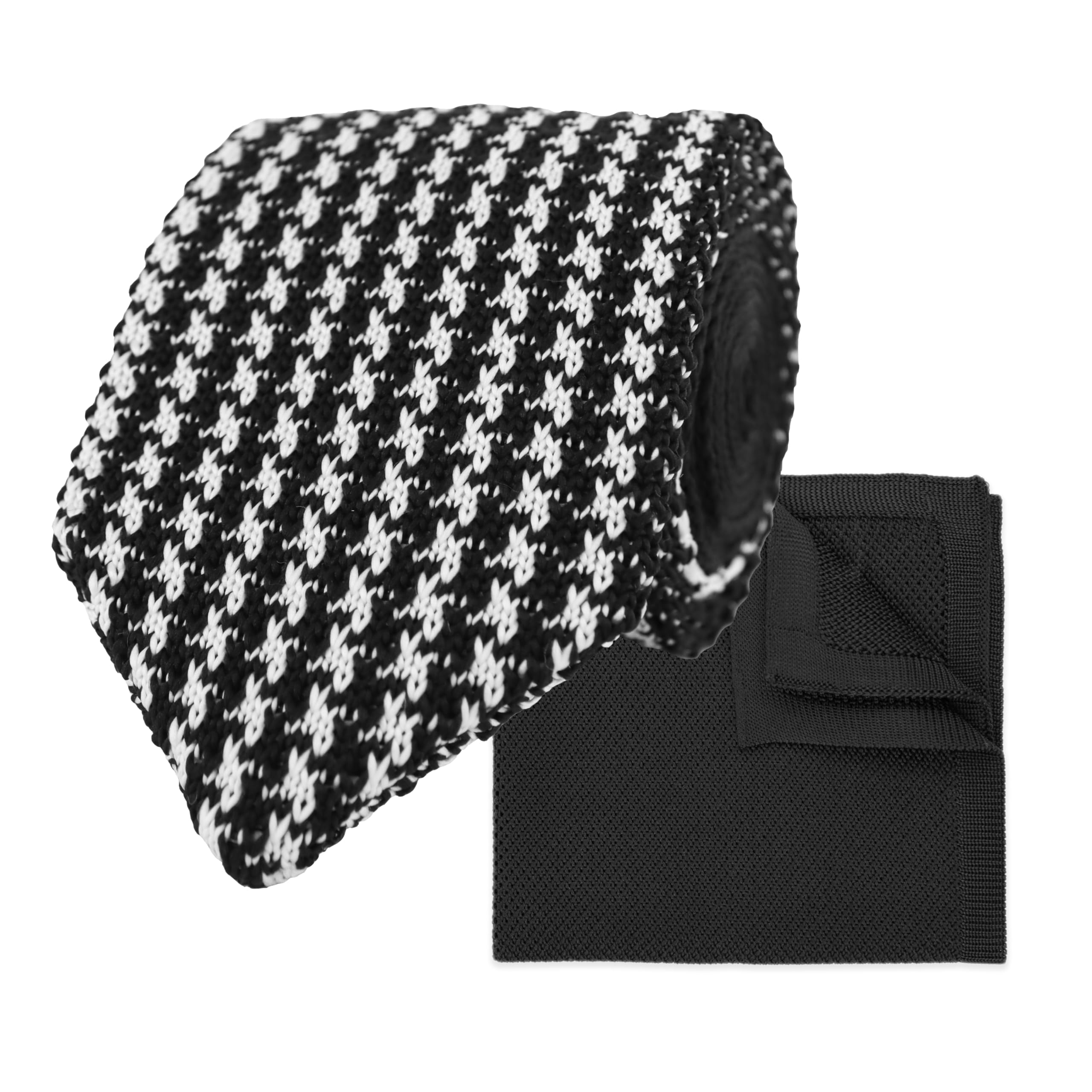 THE GENTS LAB Men's Diamond End Knitted Neck Tie With Houndstooth Design & Matching Pocket Square | Made From 100% Soft Polyester | Over 10+ Colours (Black)