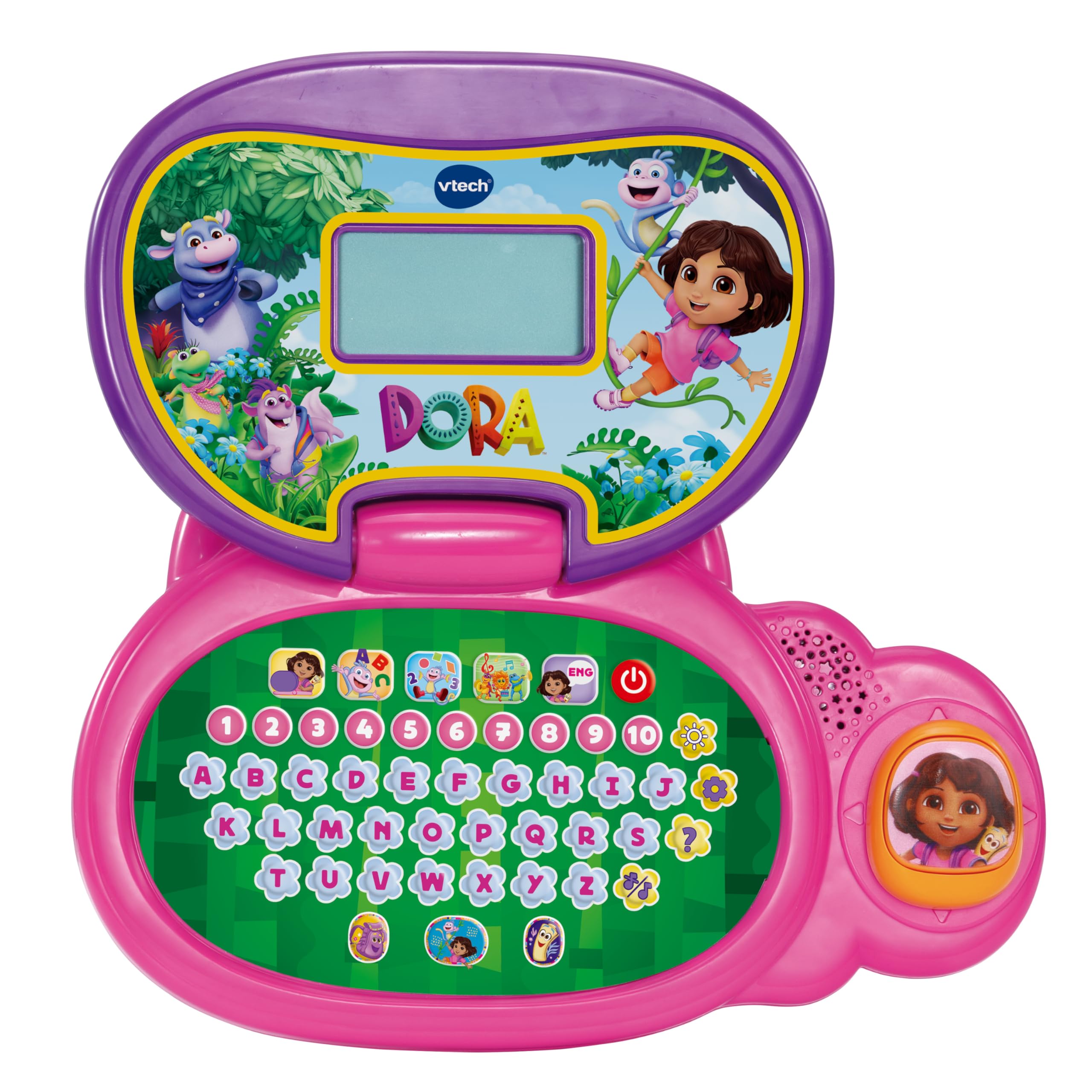VTech - Mon Ordi Éducatif Dora L’Exploratrice - Ordinateur Enfant Bilingue avec Écran Rétroéclairé, 13 Activités et Jeux Interactifs Dora - Cadeau Enfant Dès 3 Ans - Contenu en Français et Anglais
