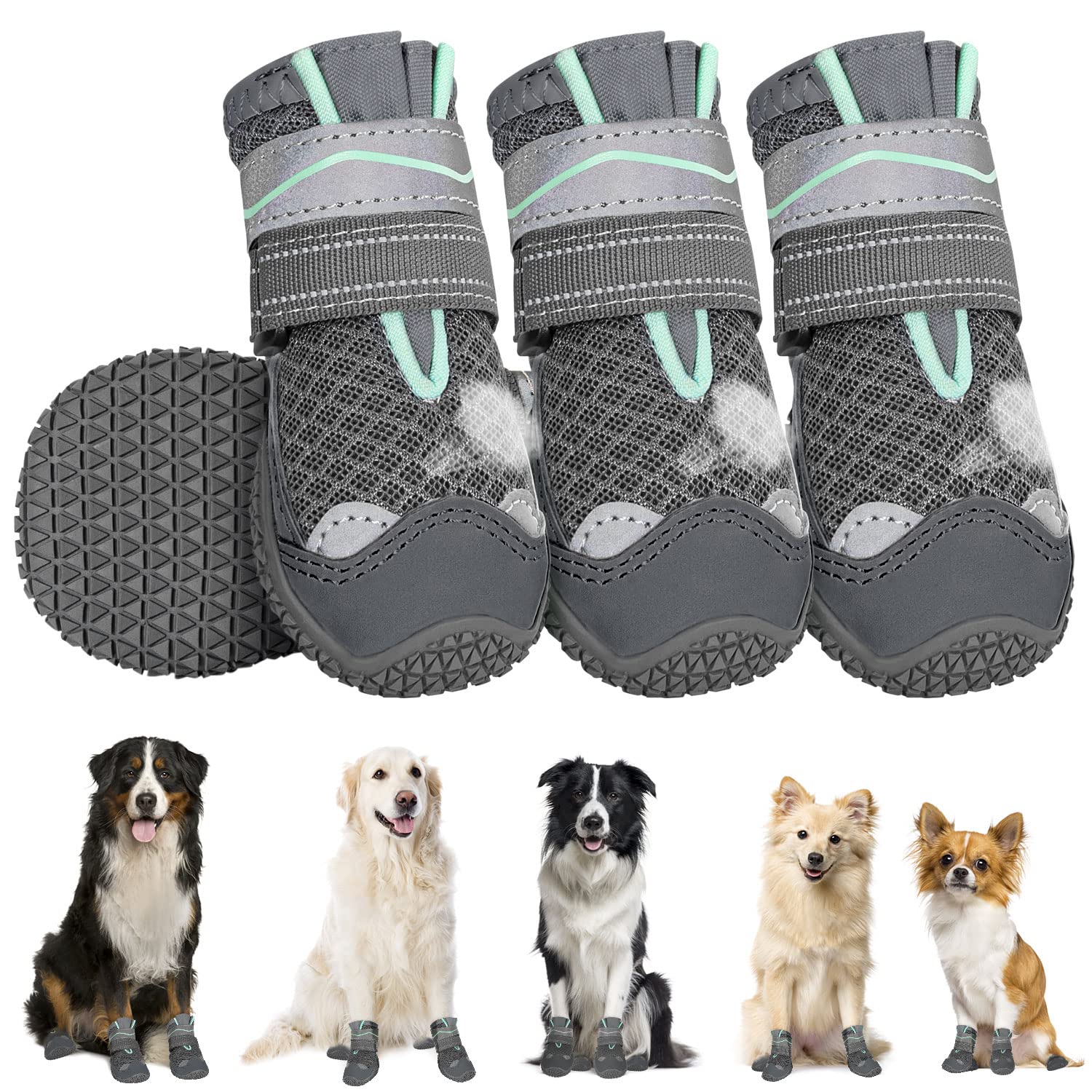 Eyein Hundeschuhe Pfotenschutz, atmungsaktiv Hundeschuhe mit Rutschfester Sohle und reflektierendem Klettverschluss für kleine, mittlere und große Hunde
