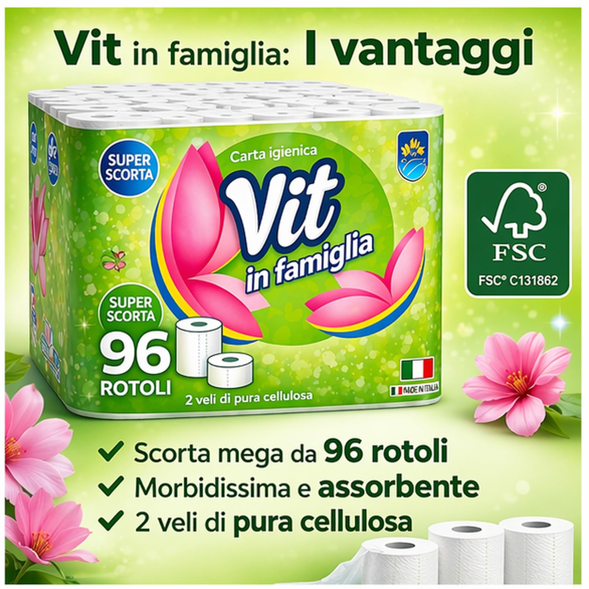 ISALP SHOP - Vit In Famiglia | Carta igienica 96 rotoli x 100 strappi, 2 veli super compatto | Super scorta per super risparmio | Carta 100% certificata FSC®