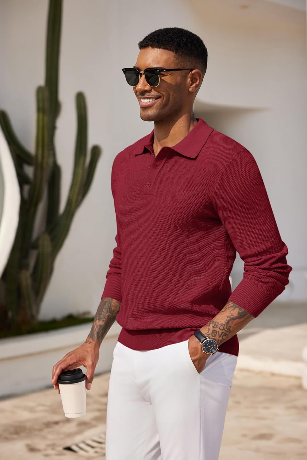 COOFANDY Mens Knit Polo Shirts Long Sleeve Casual Polo Sweaters Shirt Waffle Textured Collared Sweater - Image 2