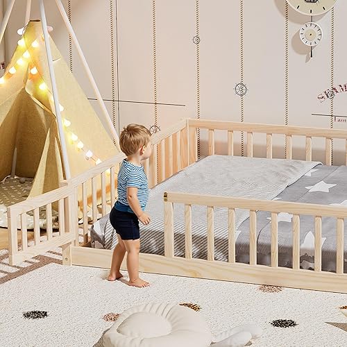 Miniatura 10 de Marco de cama Montessori de madera de tamaño individual con listones de madera, valla y puerta para niños, niñas y niños, espresso (con listones de