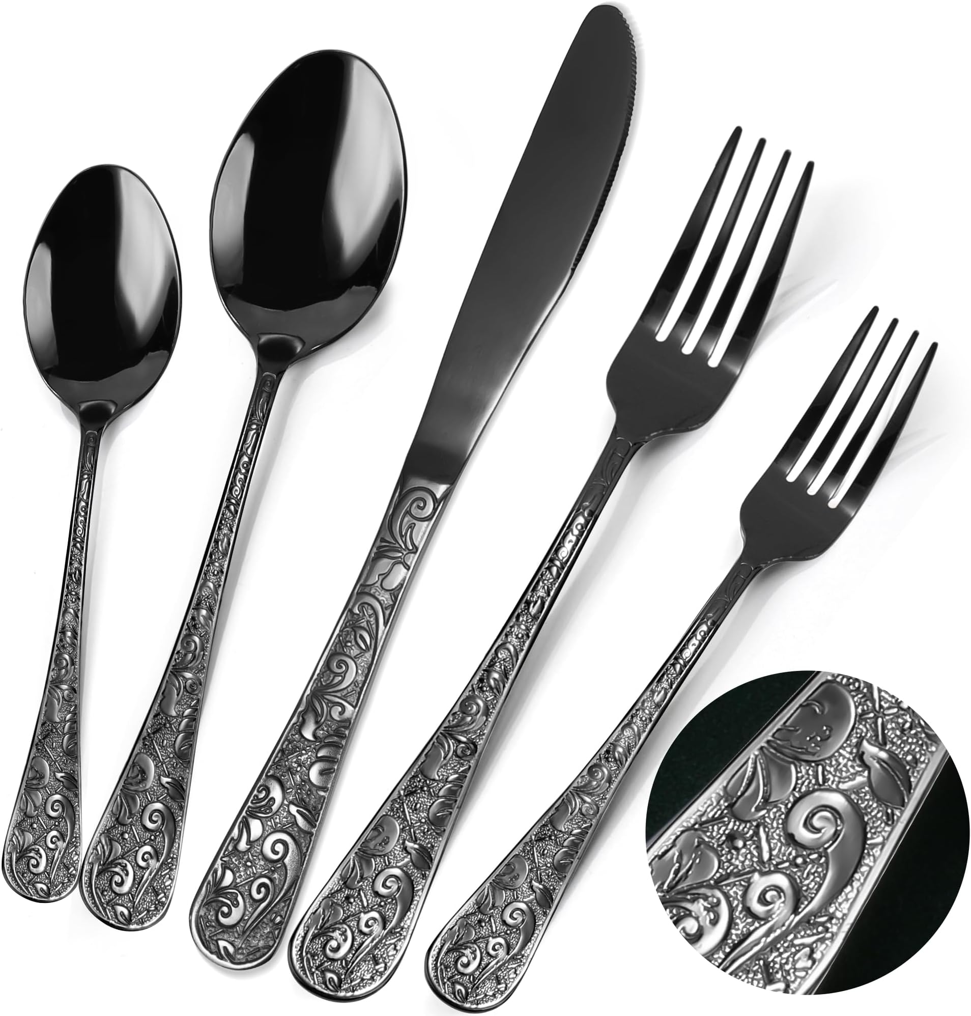 Meythway 40-Piece Vintage Carved Black Silverware Set for 8, Stainless Steel Flatware Set with Knife/Fork/Spoon, Cutlery Set for Home and Kitchen, Utensil Set with Dishwasher Safe
