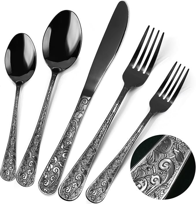 Meythway 40-Piece Vintage Carved Black Silverware Set for 8, Stainless Steel Flatware Set with Knife/Fork/Spoon, Cutlery Set for Home and Kitchen, Utensil Set with Dishwasher Safe