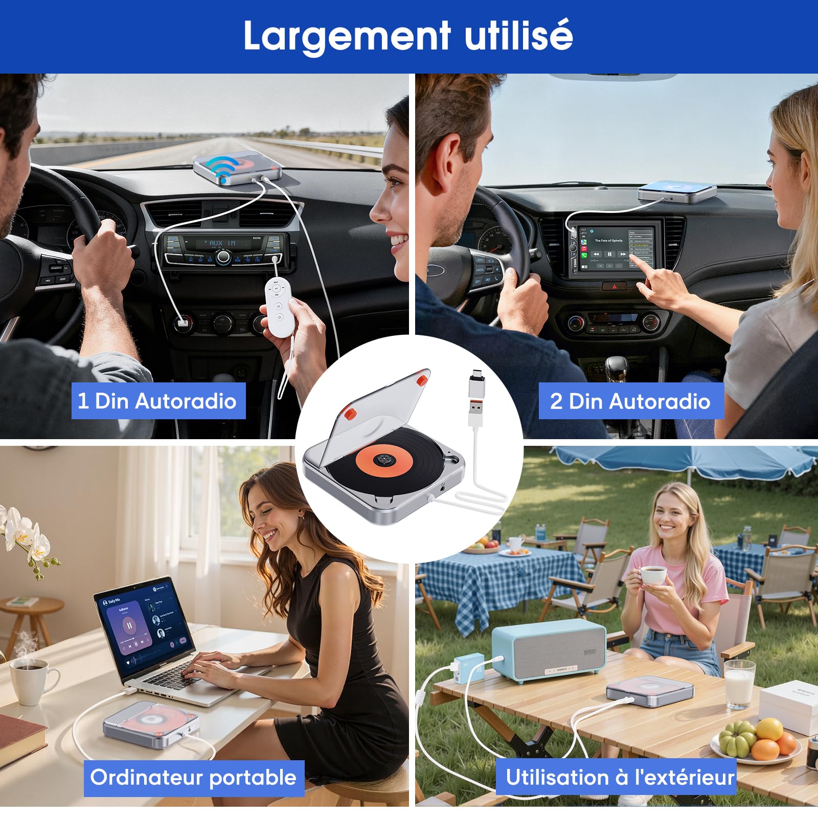 Lecteur CD Voiture USB CENXINY Externe Universel AUX Adaptateur USB-C Câble 1,5 m