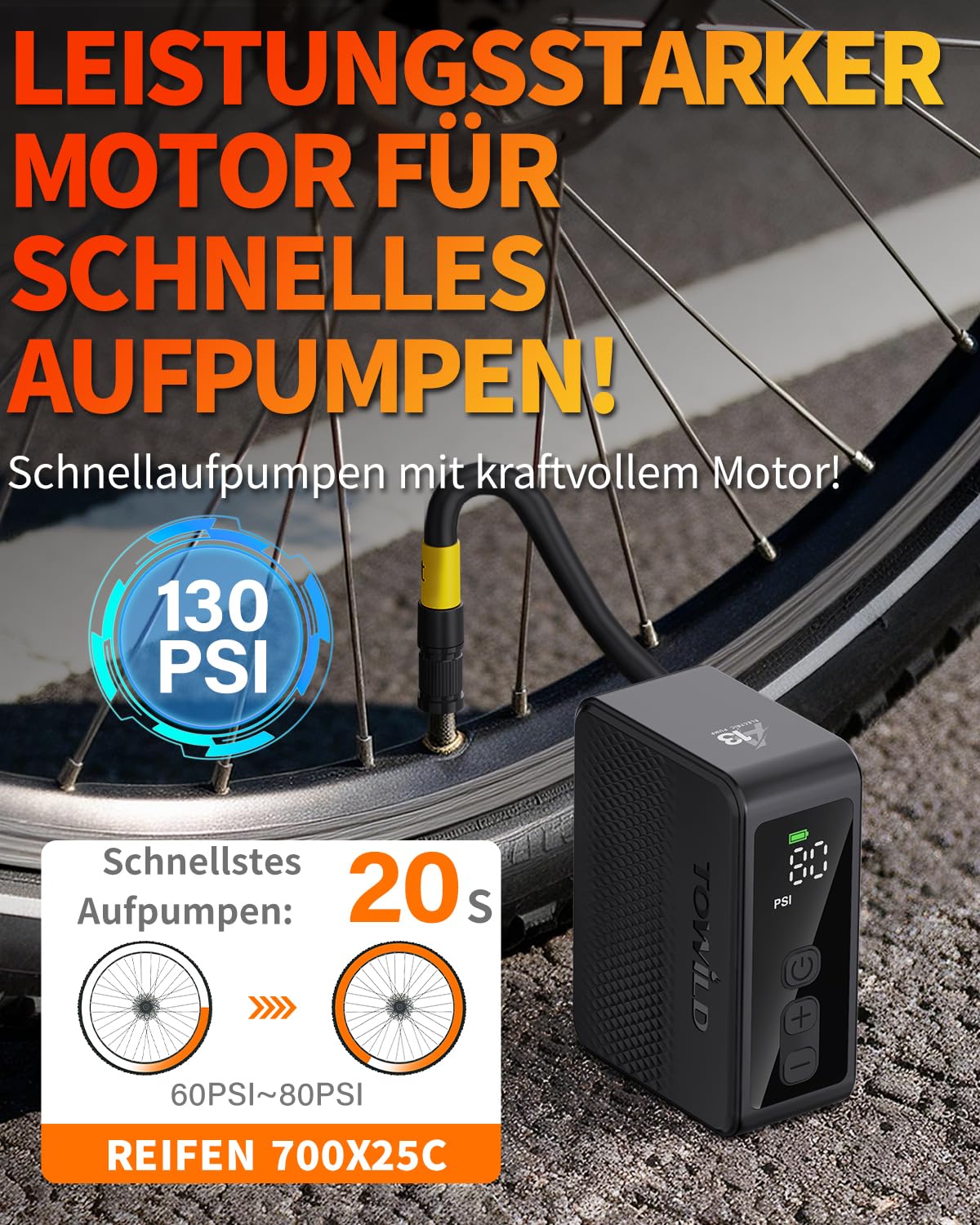 TOWILD A13 Akku Luftpumpe Fahrrad Elektrisch 130 PSI Tiny Fahrradpumpe mit Digitalem Manometer Automatische Abschaltung Elektrische Luftpumpe mit Presta- und Schrader-Ventil für E-Bike, MTB Rennrad