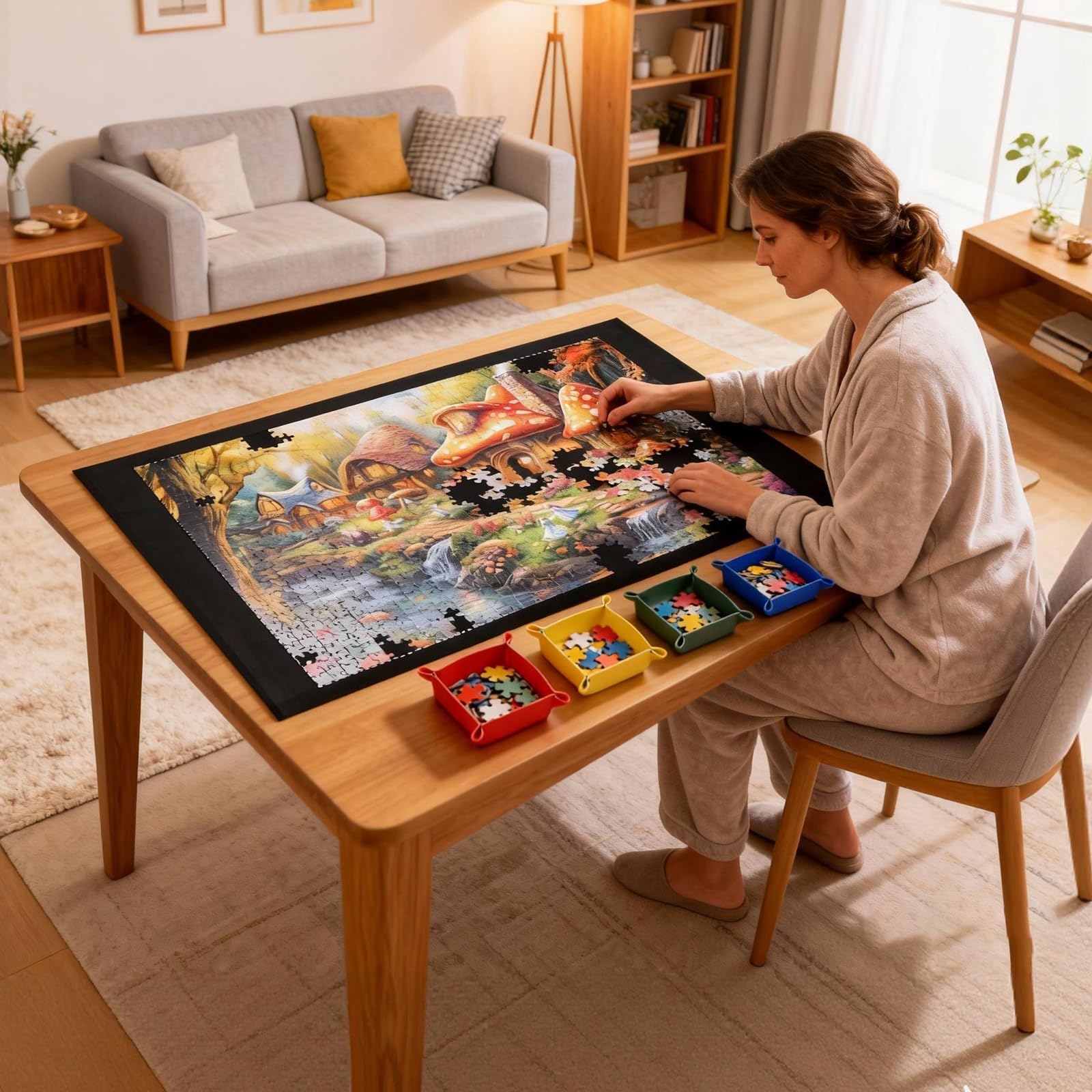 Puzzlematte bis 1500 Teile - Puzzle Rolle Matte mit Aufrollfunktion - rutschfeste Puzzleteppich - Tragbare Puzzleunterlage mit 4 Sortierschalen - Praktisches Puzzle Zubehör für Erwachsene