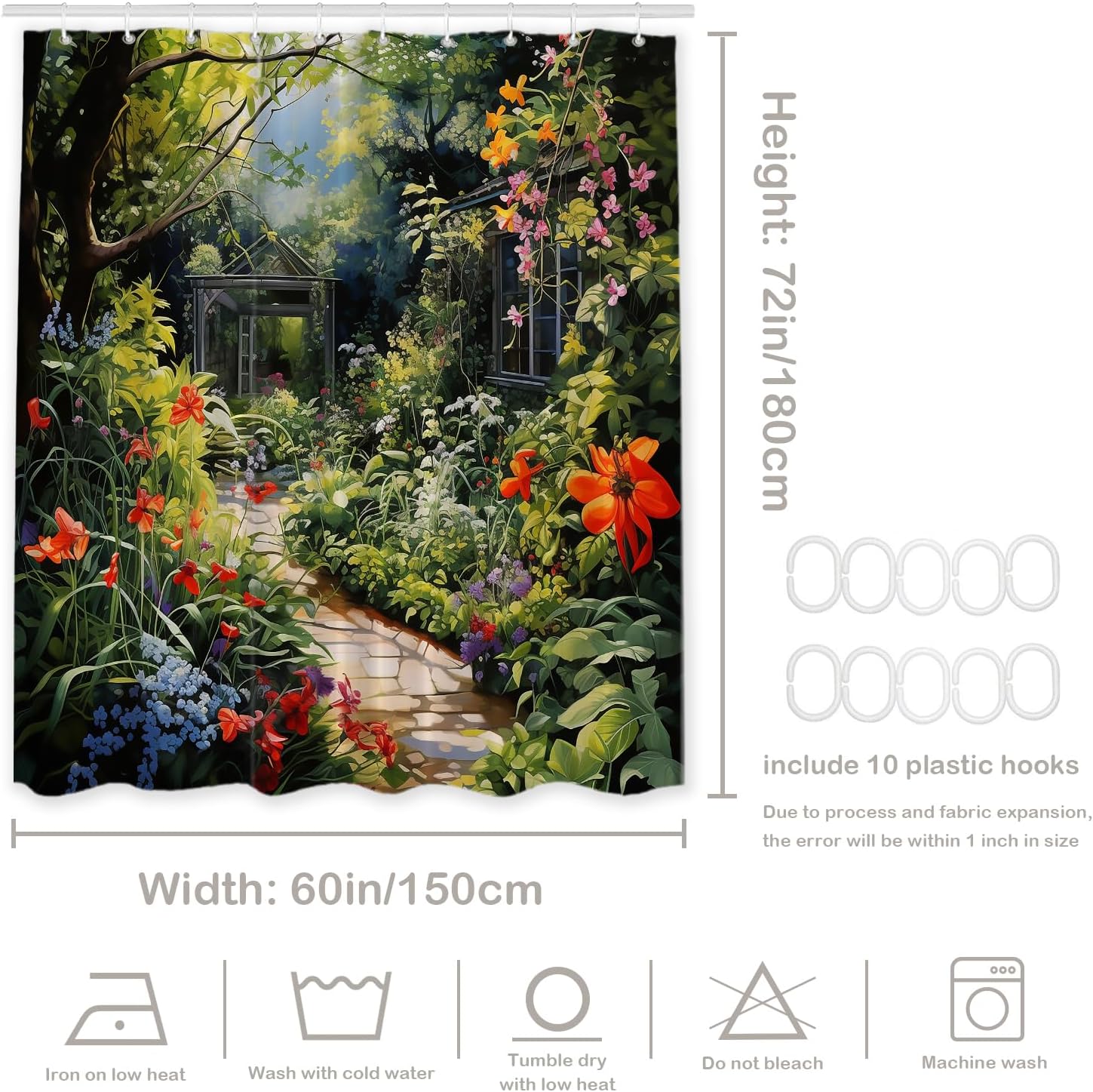 Batmerry Beautiful Garden Lush Plants Decor Shower Curtain, Serene Garden Scene Bathroom Decor Polyester Fiber Plastic Rings Quick-Drying Waterproof for Bathtubs/Bathroom, 72x60 inches