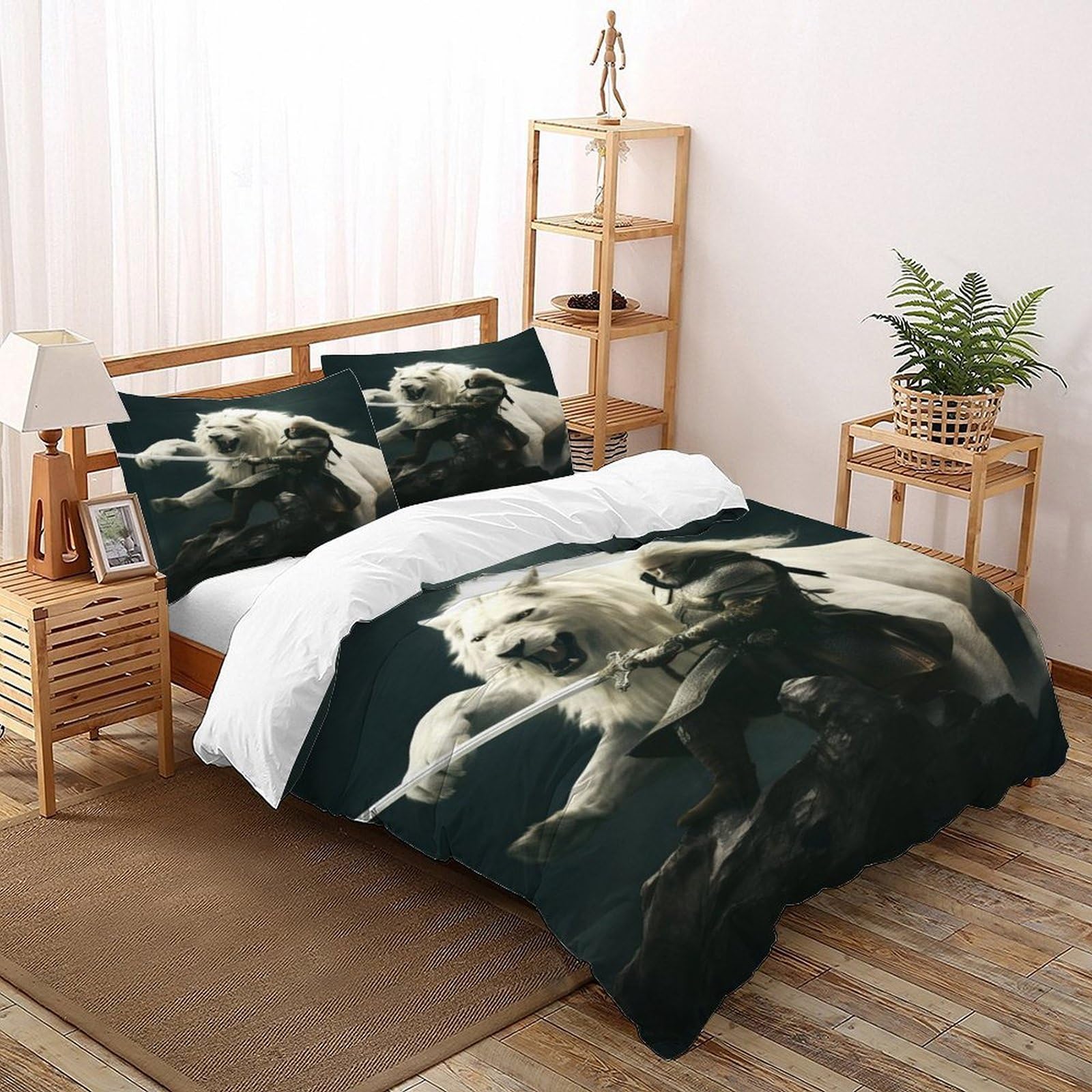 Parure de lit microfibre 3 pcs motif lion blanc pour lit double 200x200