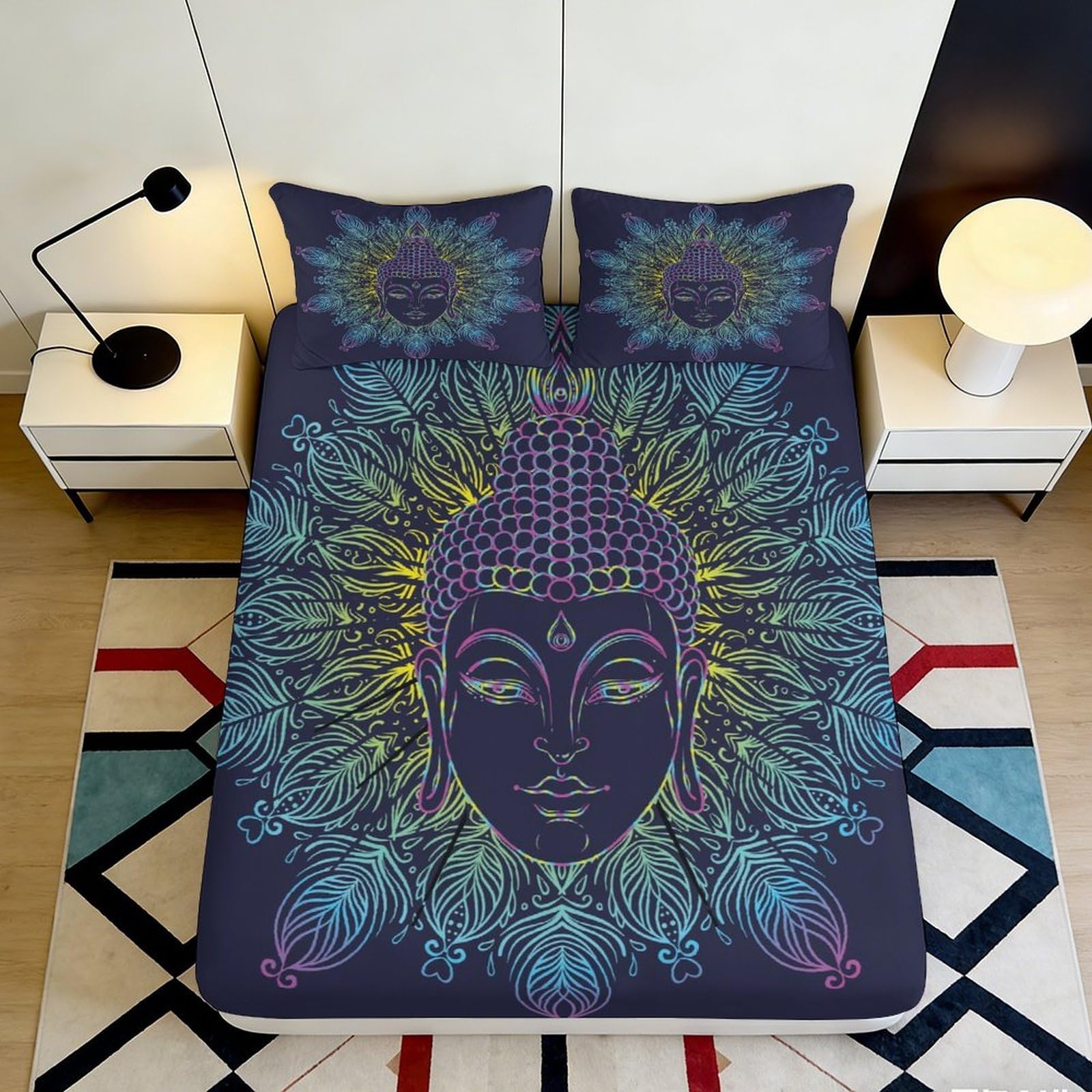 3D Printed Buddha Mandala Fitted Sheet Microfiber Soft Breathable Lotus Leaf Bed Cover for Bedroom Dormitory Guest Room Mattress Protection Decor 90x200x25cm