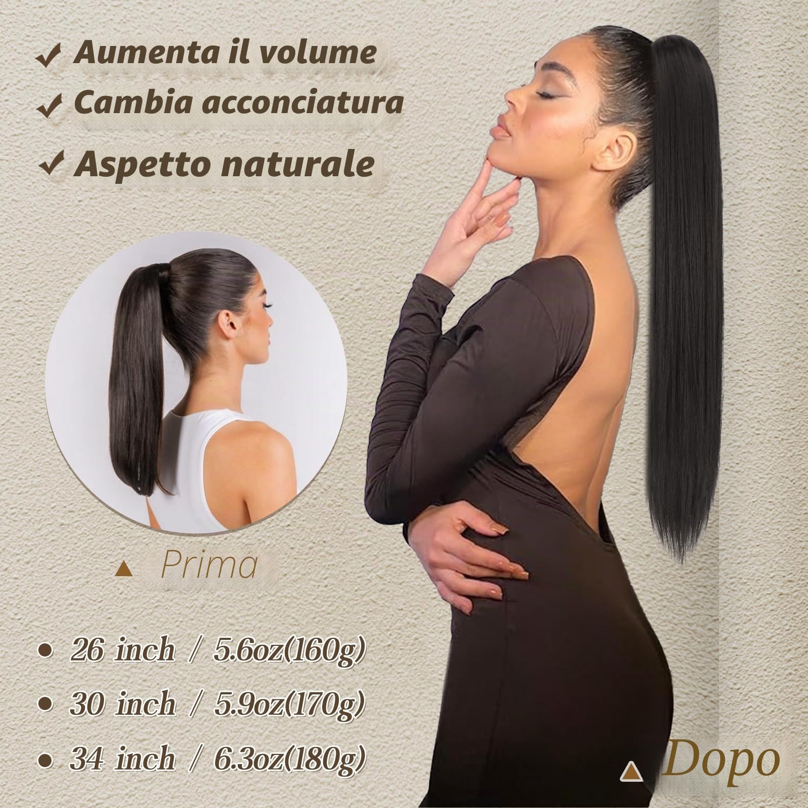 BARSDAR Marrone Coda Capelli Extension, 66cm Lunga Lisci Coda di Cavallo Extension con Coulisse Sintetici Clip in Ponytail Extensions Finta Pony Tails Posticci per Donne Quotidiano - Marrone Scuro
