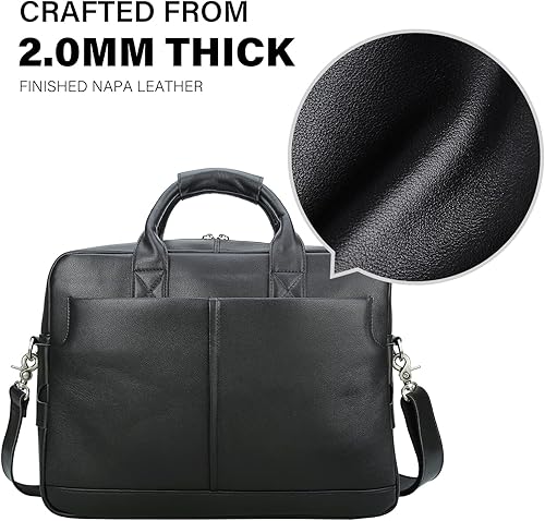 Miniatura 2 de Maletín de cuero genuino de grano completo para hombre de 16 pulgadas, bolsa de mensajero con cremalleras YKK (negro)
