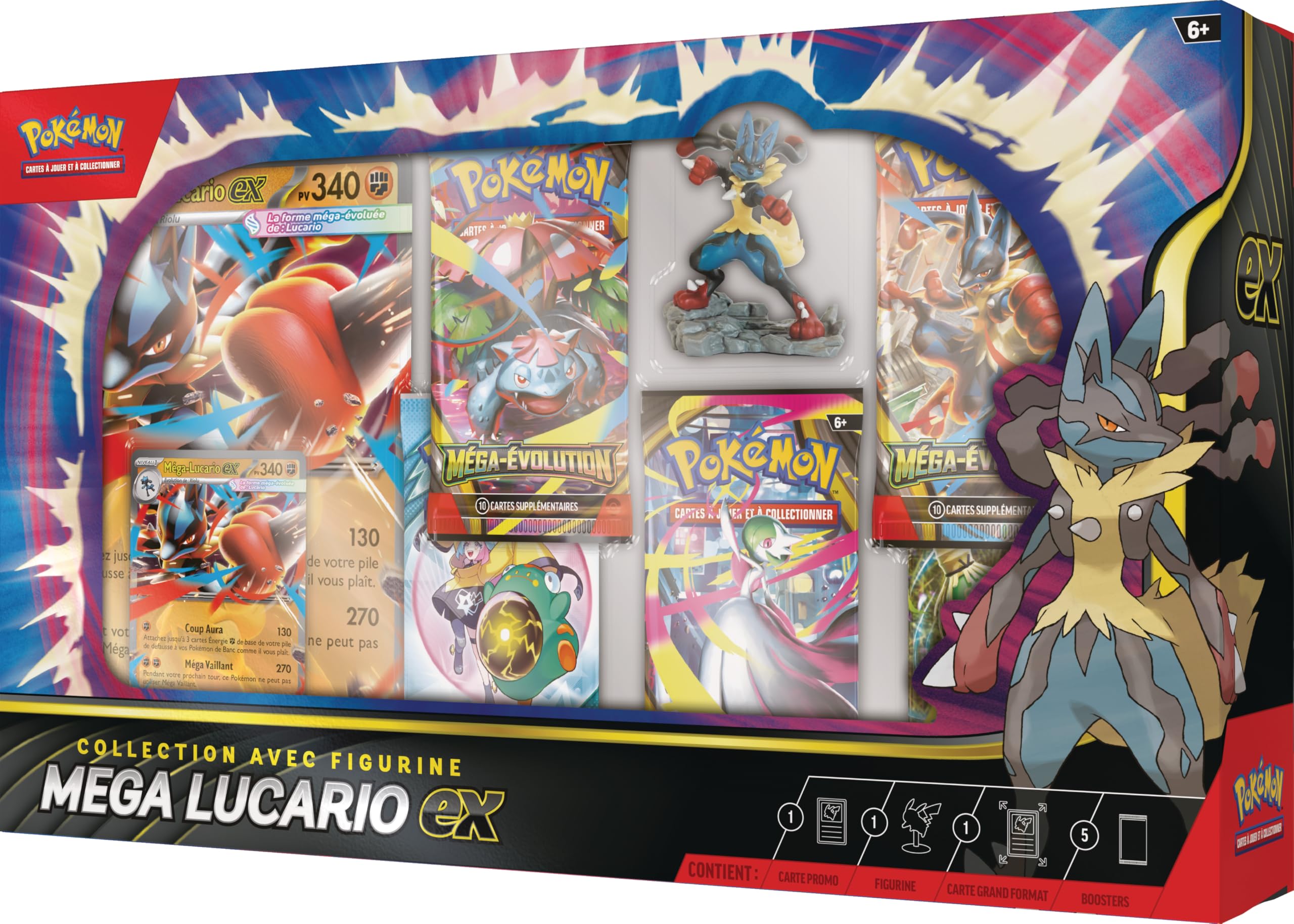 Pokémon : Collezione con statuetta Mega-Lucario-ex (1 carta promozionale lucida testurizzata, 1 carta promozionale di grandi dimensioni, 5 booster e 1 statuetta di Mega-Lucario) del GCC Pokémon