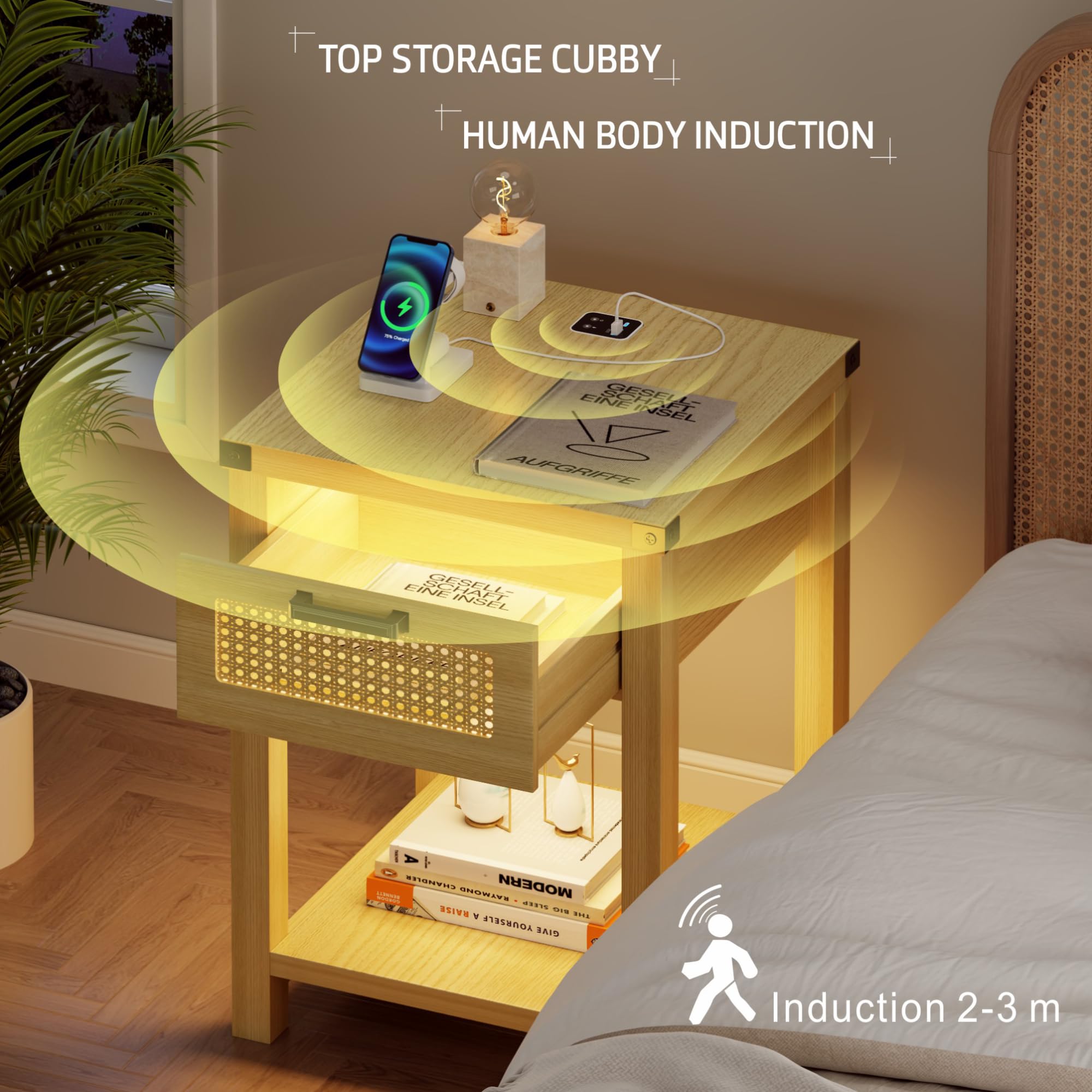 Lvifur Comodino con luce LED, comodino con funzione di ricarica