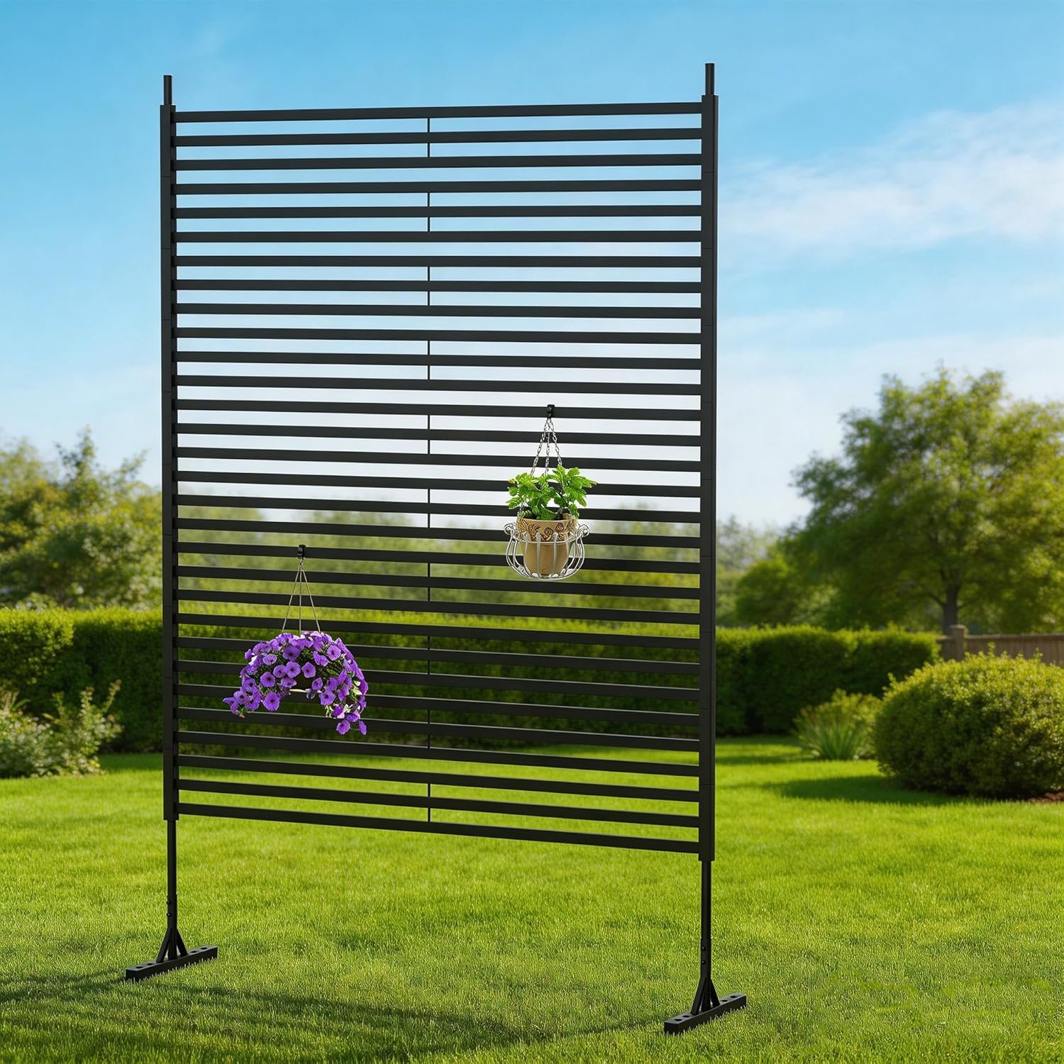 Metal Privacy Screen 4ft X 6ft H Outdoor Decorative Divider with Stand Freestanding Privacy Screen Panels for Deck Patio Balcony Garden Poolside, Black