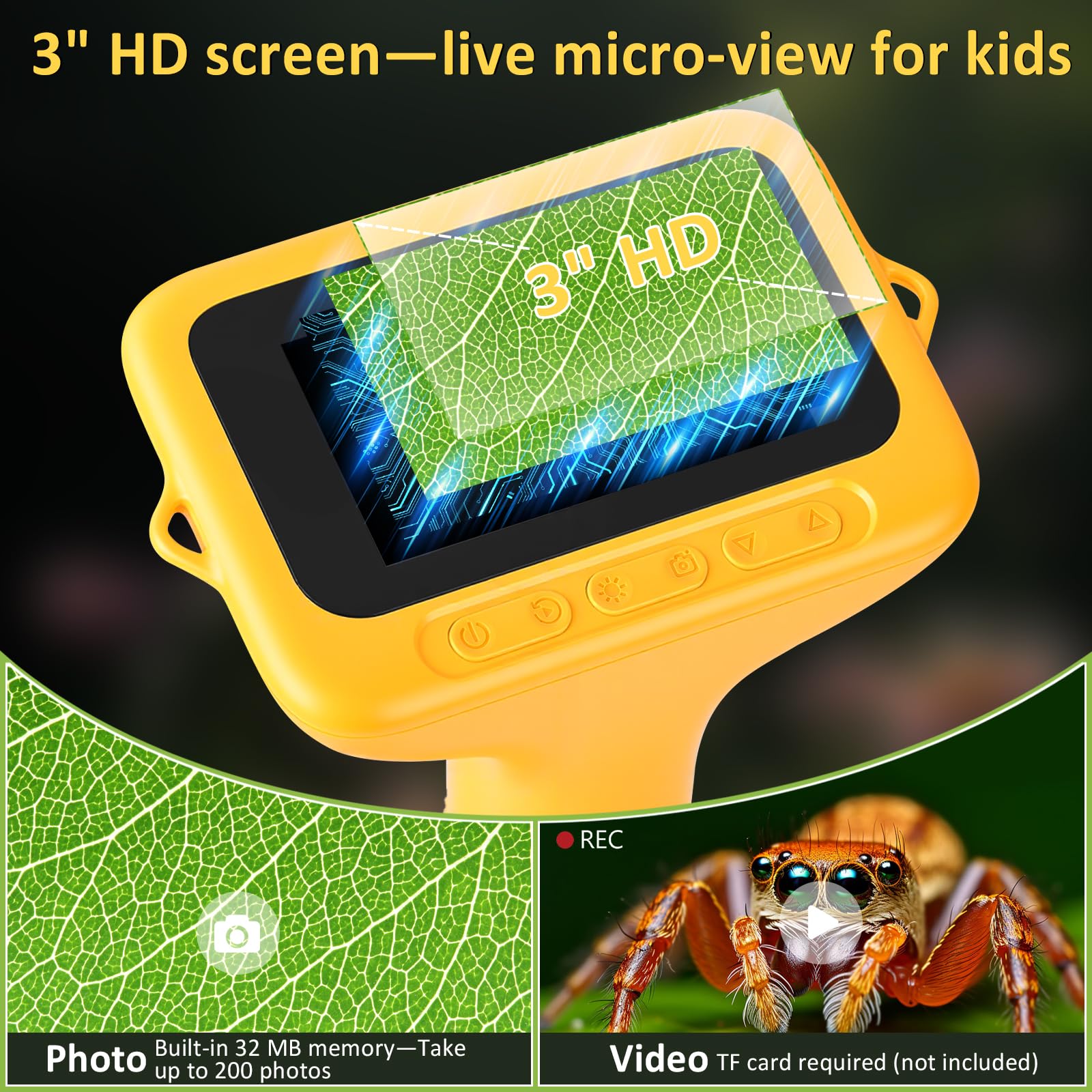 Microscopio per bambini: microscopio digitale con schermo IPS da 3", ingrandimento 1000x, microscopio portatile 1080P con 8 LED e 32 MB di memoria, microscopio tascabile USB per PC/Mac