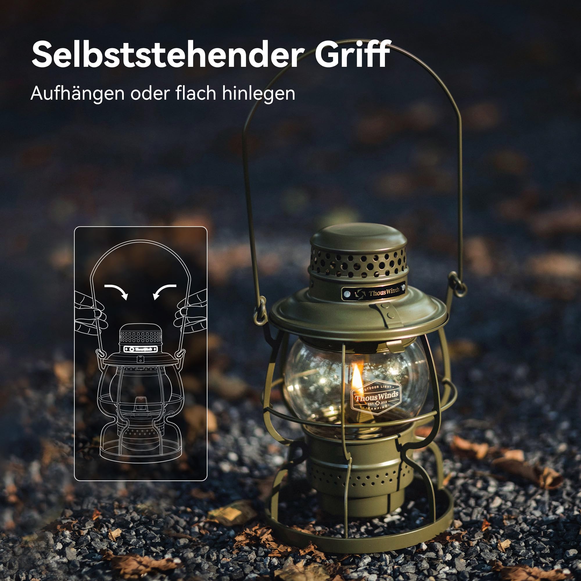 Thous Winds Petroleum Sturmlampe, Camping Laterne Petroleum, "Eisenbahn" Kerosin Laterne mit Tragegriff, Winddicht für Outdoor, Camping, Wandern, Terrasse, Picknick - Khaki