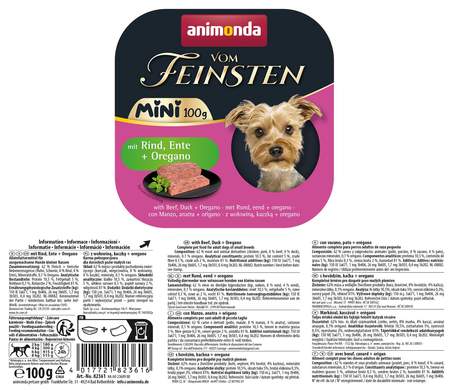 animonda Vom Feinsten Adult Mini – pyszna mokra karma dla psów – dobrze nadaje się dla małych ras – z wołowiną, kaczką + oregano – 32 x 100 g