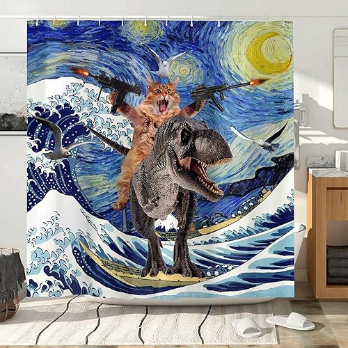 Miniatura 4 de Divertido juego de cortina de ducha con diseño de gato, dinosaurio japonés con ondas oceánicas, cortinas de baño divertidas para niños, decoración