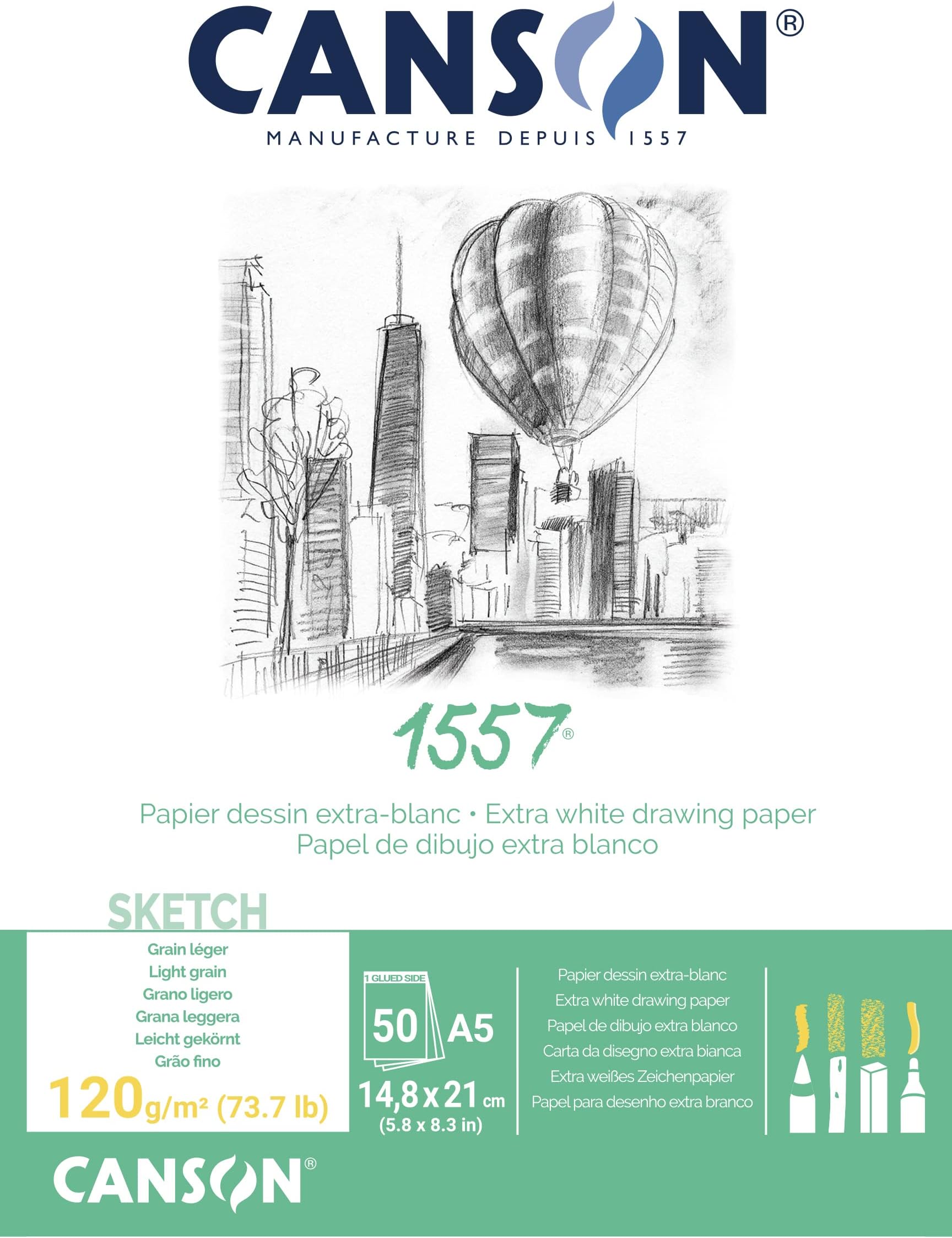 1557 120gsm A4 White Sketch Paper Pad, Light Grain, Glued Short Side, 50 Extra White Sheets, Ideal for Professional Artists & Students