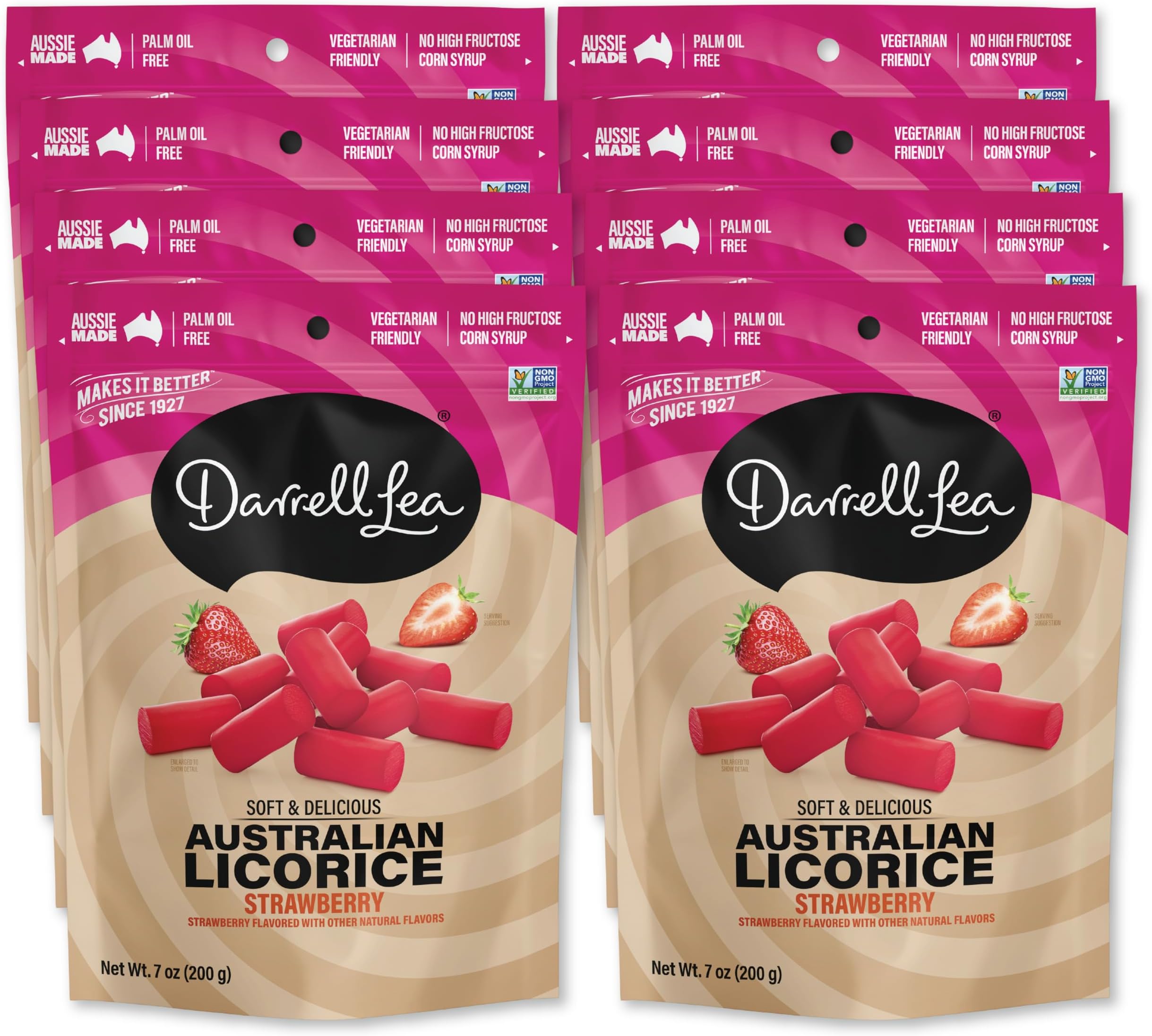 Darrell Lea Soft Australian Licorice, Non-GMO, No Palm Oil, Vegetarian Friendly, No High Fructose Corn Syrup, Soft & Chewy Licorice Candy, Made in Australia (Strawberry, 7 Ounce (Pack of 8))